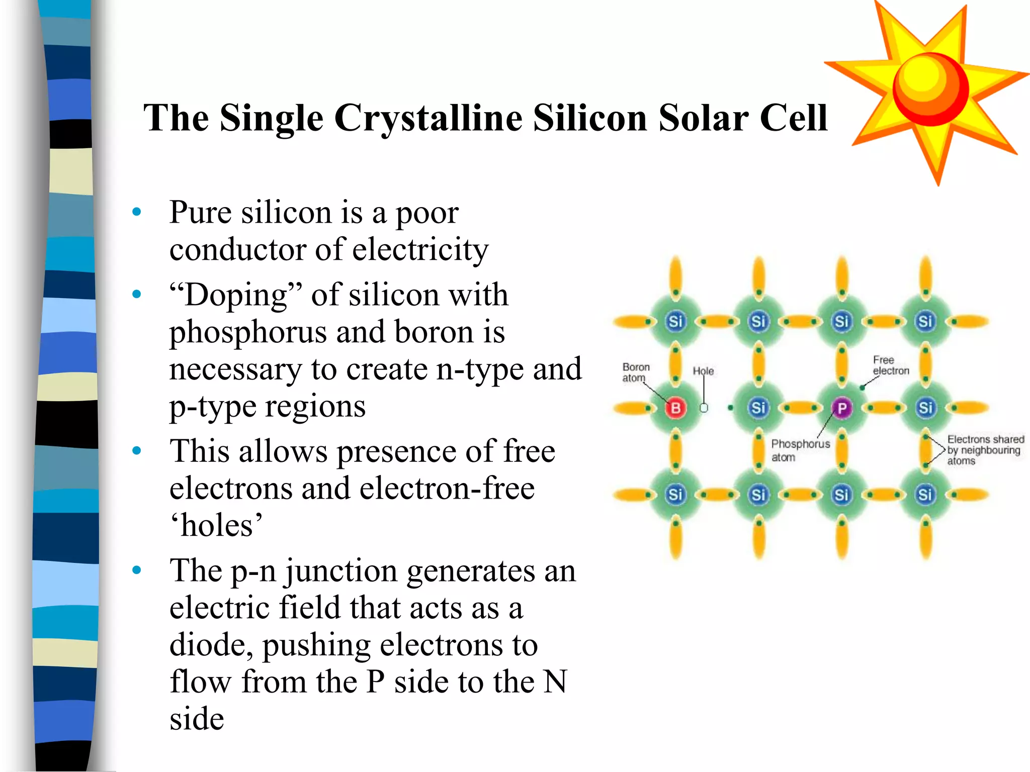 The Single Crystalline Silicon Solar Cell
• Pure silicon is a poor
conductor of electricity
• “Doping” of silicon with
phosphorus and boron is
necessary to create n-type and
p-type regions
• This allows presence of free
electrons and electron-free
‘holes’
• The p-n junction generates an
electric field that acts as a
diode, pushing electrons to
flow from the P side to the N
side
 