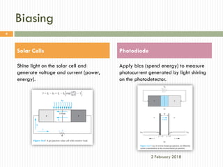 Biasing
2 February 2018
4
Solar Cells Photodiode
Apply bias (spend energy) to measure
photocurrent generated by light shining
on the photodetector.
Shine light on the solar cell and
generate voltage and current (power,
energy).
 