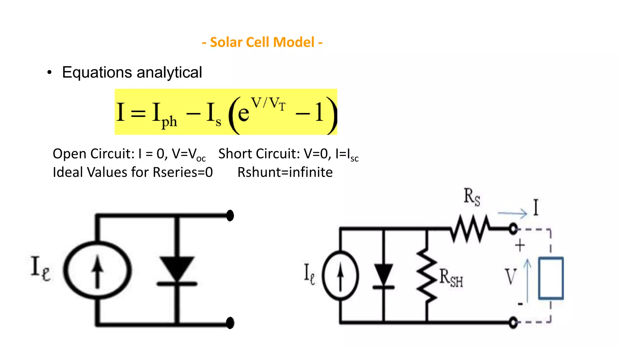 Solar Cell Equations
- Solar Cell Model -
• Equations analytical
Open Circuit: I = 0, V=Voc Short Circuit: V=0, I=Isc
Ideal Values for Rseries=0 Rshunt=infinite
 