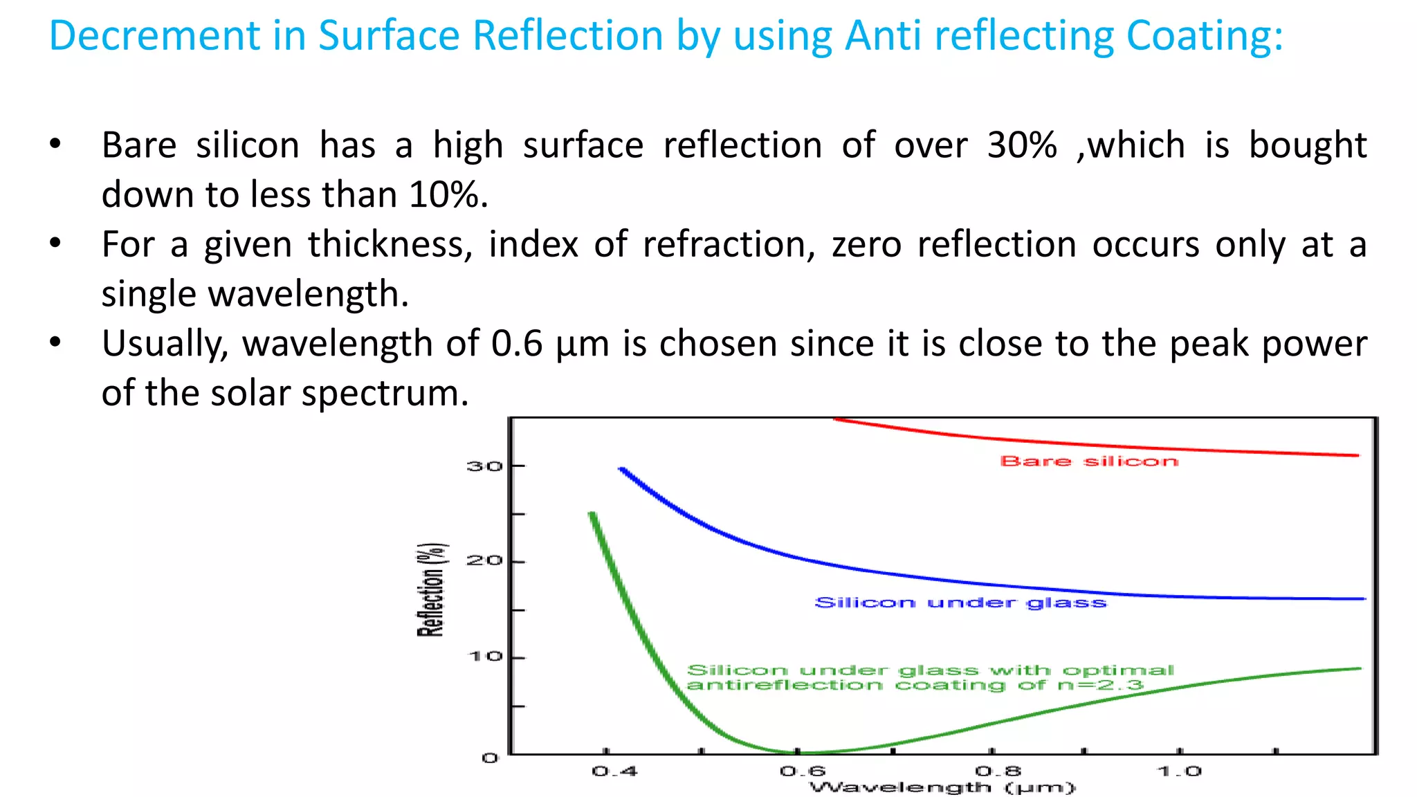 Decrement in Surface Reflection by using Anti reflecting Coating:
• Bare silicon has a high surface reflection of over 30% ,which is bought
down to less than 10%.
• For a given thickness, index of refraction, zero reflection occurs only at a
single wavelength.
• Usually, wavelength of 0.6 µm is chosen since it is close to the peak power
of the solar spectrum.
 