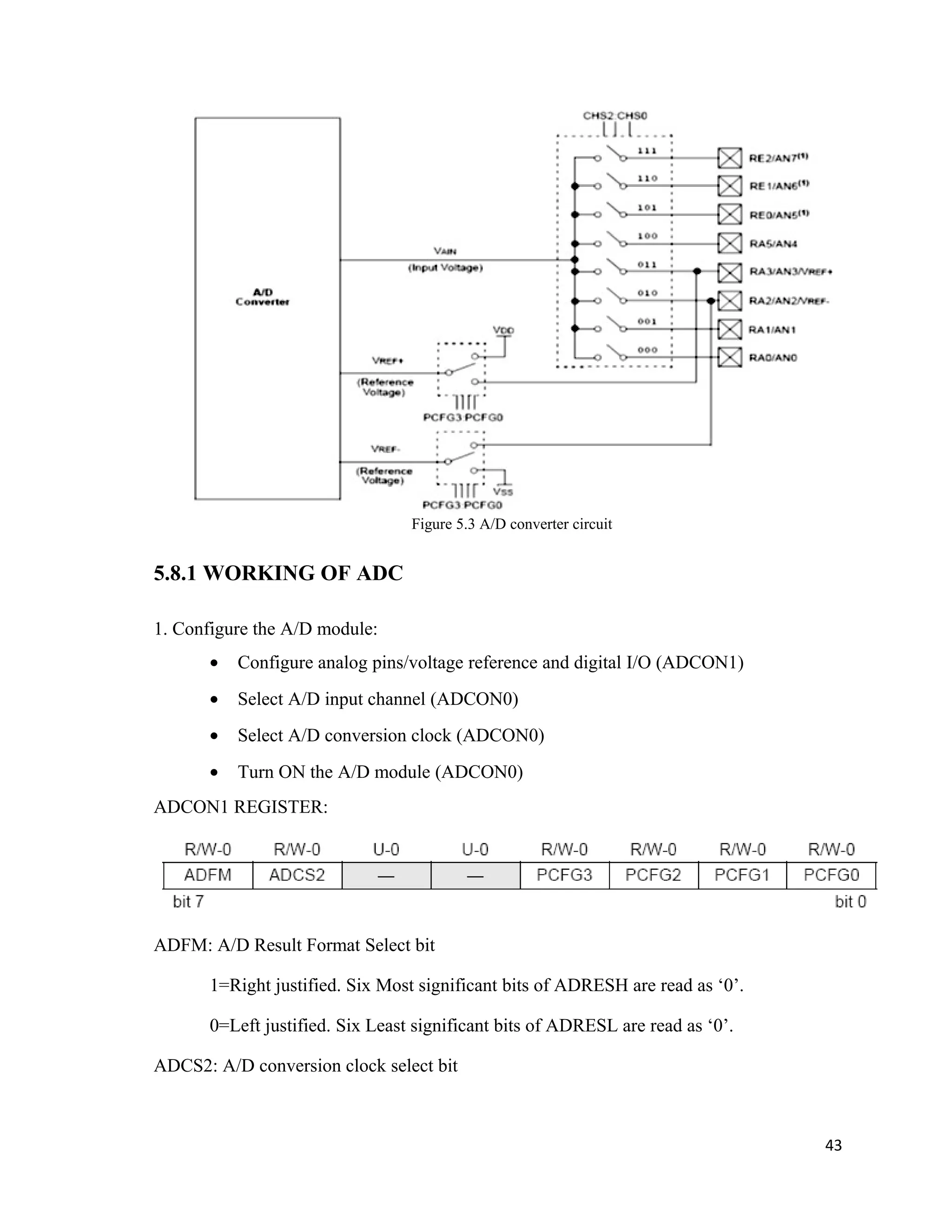 Figure 5.3 A/D converter circuit
5.8.1 WORKING OF ADC
1. Configure the A/D module:
• Configure analog pins/voltage reference and digital I/O (ADCON1)
• Select A/D input channel (ADCON0)
• Select A/D conversion clock (ADCON0)
• Turn ON the A/D module (ADCON0)
ADCON1 REGISTER:
ADFM: A/D Result Format Select bit
1=Right justified. Six Most significant bits of ADRESH are read as ‘0’.
0=Left justified. Six Least significant bits of ADRESL are read as ‘0’.
ADCS2: A/D conversion clock select bit
43
 
