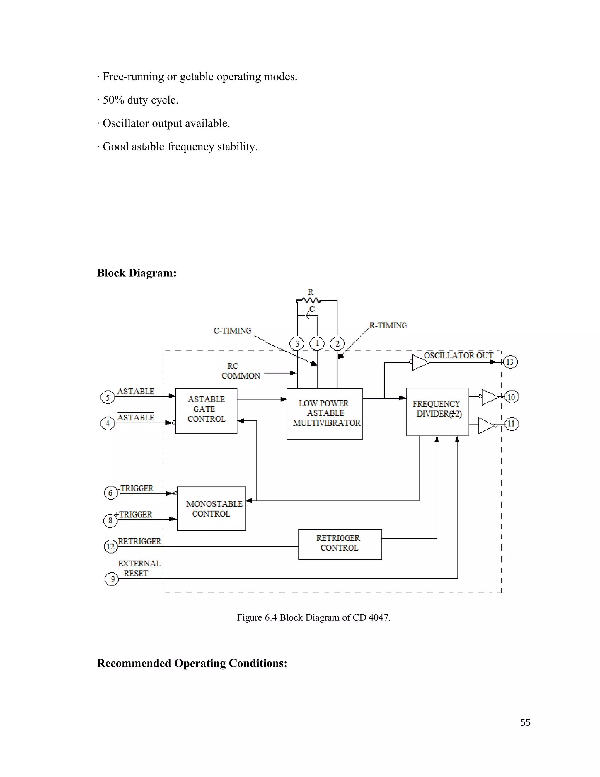 · Free-running or getable operating modes.
· 50% duty cycle.
· Oscillator output available.
· Good astable frequency stability.
Block Diagram:
Figure 6.4 Block Diagram of CD 4047.
Recommended Operating Conditions:
55
 