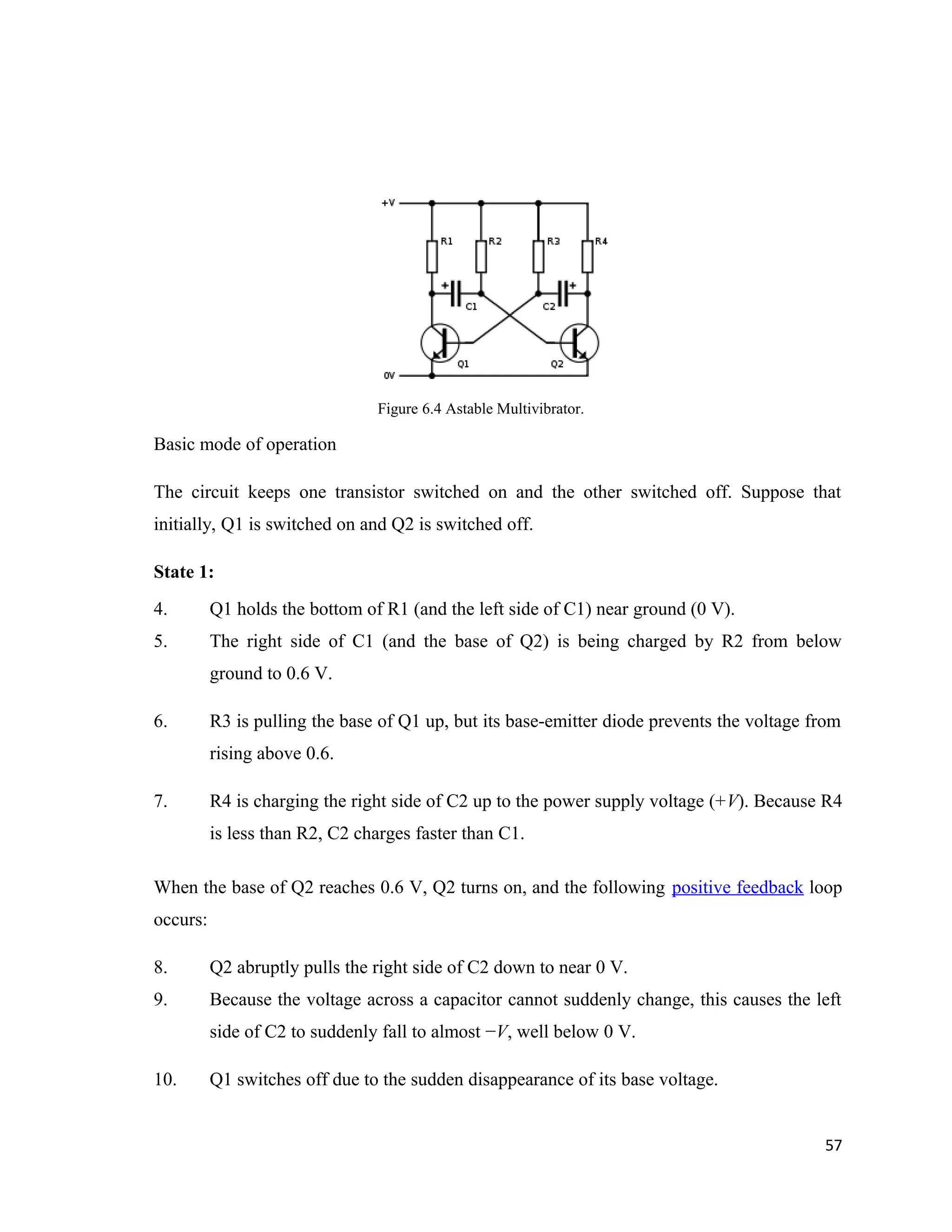Figure 6.4 Astable Multivibrator.
Basic mode of operation
The circuit keeps one transistor switched on and the other switched off. Suppose that
initially, Q1 is switched on and Q2 is switched off.
State 1:
4. Q1 holds the bottom of R1 (and the left side of C1) near ground (0 V).
5. The right side of C1 (and the base of Q2) is being charged by R2 from below
ground to 0.6 V.
6. R3 is pulling the base of Q1 up, but its base-emitter diode prevents the voltage from
rising above 0.6.
7. R4 is charging the right side of C2 up to the power supply voltage (+V). Because R4
is less than R2, C2 charges faster than C1.
When the base of Q2 reaches 0.6 V, Q2 turns on, and the following positive feedback loop
occurs:
8. Q2 abruptly pulls the right side of C2 down to near 0 V.
9. Because the voltage across a capacitor cannot suddenly change, this causes the left
side of C2 to suddenly fall to almost −V, well below 0 V.
10. Q1 switches off due to the sudden disappearance of its base voltage.
57
 