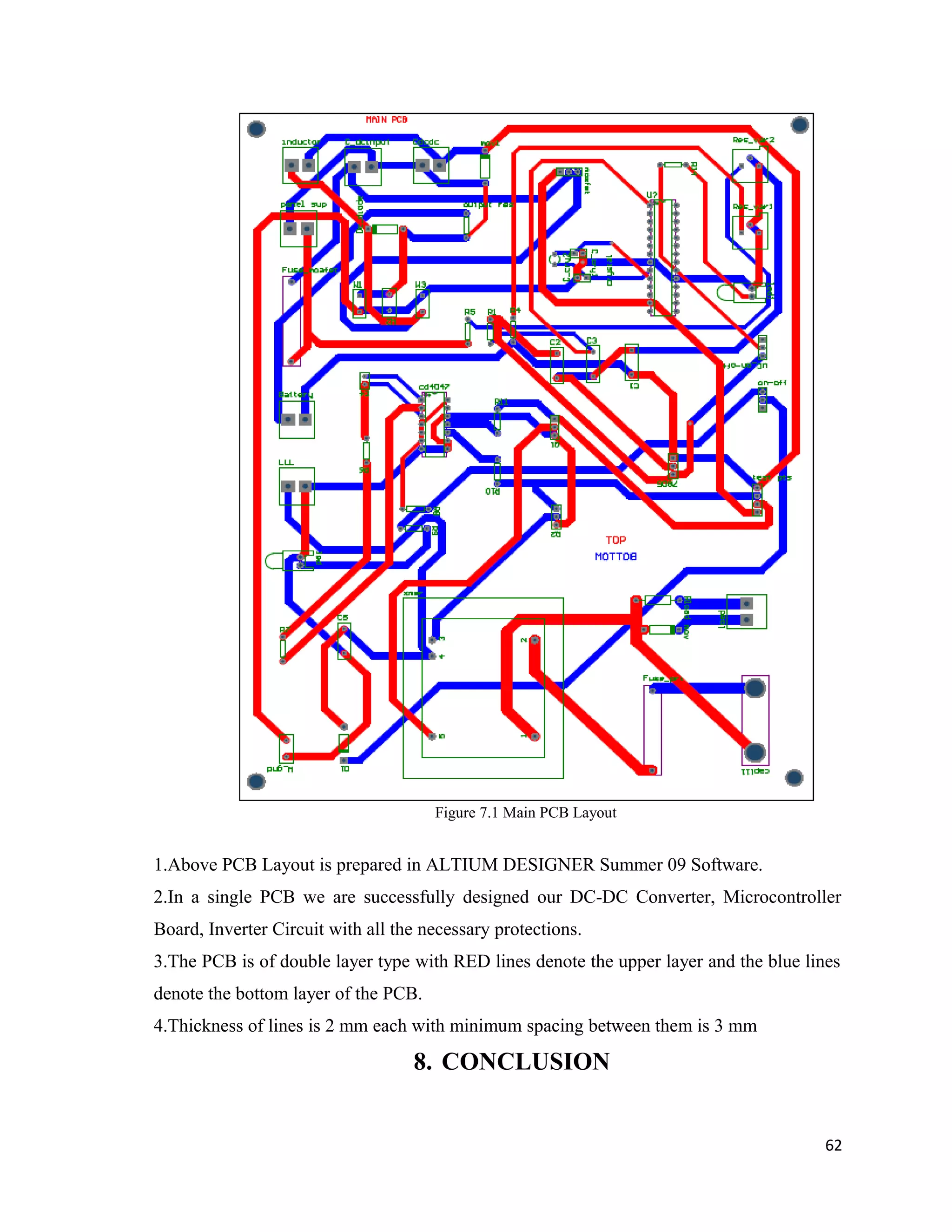 Figure 7.1 Main PCB Layout
1.Above PCB Layout is prepared in ALTIUM DESIGNER Summer 09 Software.
2.In a single PCB we are successfully designed our DC-DC Converter, Microcontroller
Board, Inverter Circuit with all the necessary protections.
3.The PCB is of double layer type with RED lines denote the upper layer and the blue lines
denote the bottom layer of the PCB.
4.Thickness of lines is 2 mm each with minimum spacing between them is 3 mm
8. CONCLUSION
62
 