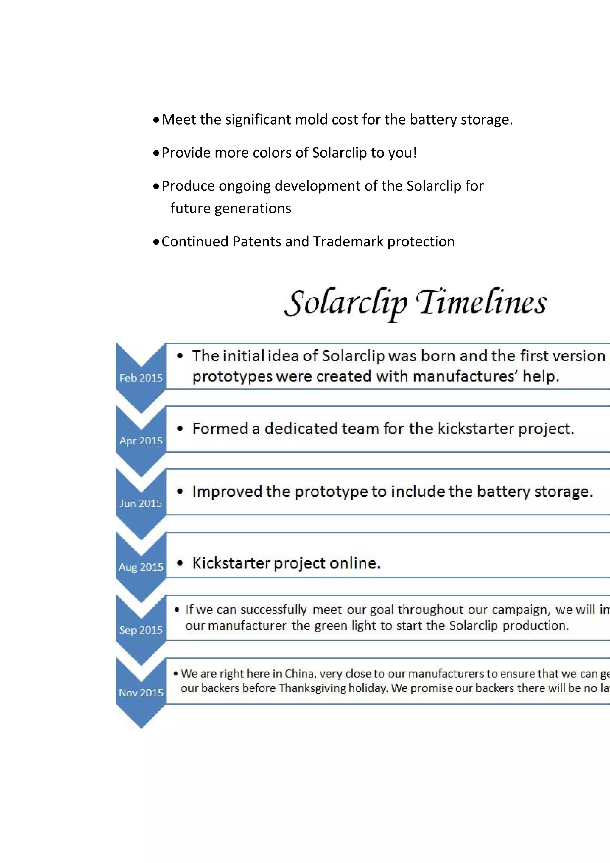 •Meet the significant mold cost for the battery storage. 
•Provide more colors of Solarclip to you! 
•Produce ongoing development of the Solarclip for 
future generations 
•Continued Patents and Trademark protection 
 