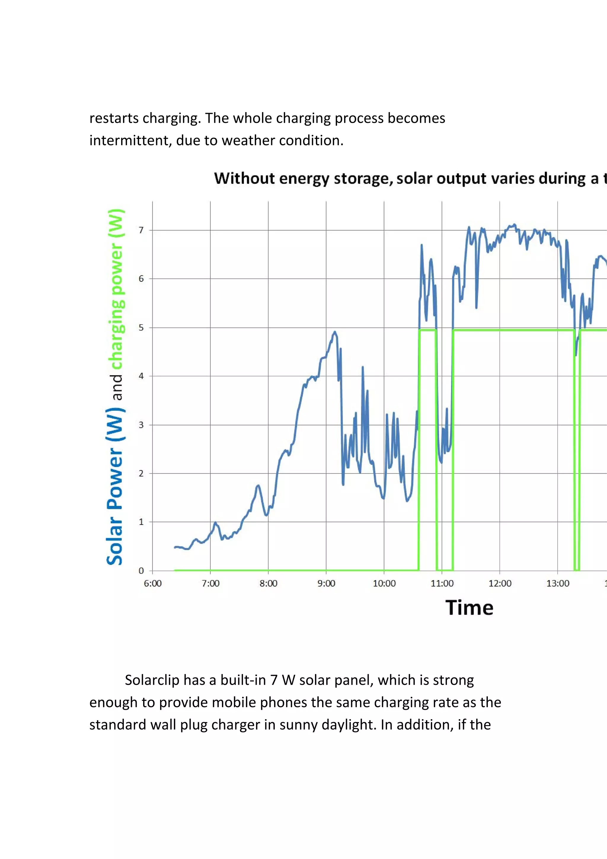 restarts charging. The whole charging process becomes 
intermittent, due to weather condition. 
 
  Solarclip has a built‐in 7 W solar panel, which is strong 
enough to provide mobile phones the same charging rate as the 
standard wall plug charger in sunny daylight. In addition, if the 
 