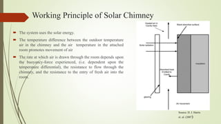 Working Principle of Solar Chimney
 The system uses the solar energy.
 The temperature difference between the outdoor temperature
air in the chimney and the air temperature in the attached
room promotes movement of air
 The rate at which air is drawn through the room depends upon
the buoyancy-force experienced, (i.e. dependent upon the
temperature differential), the resistance to flow through the
chimney, and the resistance to the entry of fresh air into the
room.
Source: D. J. Harris
et. al. (2007)
 