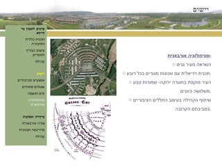 יישום ערכים לתכנון בר קיימא תכנית כללית ותחבורה עיצוב הבניין וחומרים קהילה יישום אמצעים סביבתיים שטחים פתוחים מים ואשפה מורפולוגיה אורבאנית ביקורת ומסקנות צורה אורבאנית פרדיגמה תכנונית קהילה מורפולוגיה אורבאנית - השראה מעיר גנים תכנית רדיאלית עם שכונות מגורים בכל רובע . העיר מוקפת בחגורה ירוקה -  שמורות טבע משלושה כיוונים . שיתוף הקהילה בעיצוב החללים הציבוריים בסביבתם הקרובה . 