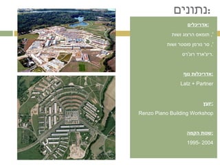 נתונים : אדריכלים :   תומאס הרצוג ושות ',  סר נורמן פוסטר ושות ',  ריצ ' ארד רוג ' רס . אדריכלות נוף : Latz + Partner יועץ : Renzo Piano Building Workshop שנות הקמה : 1995- 2004 