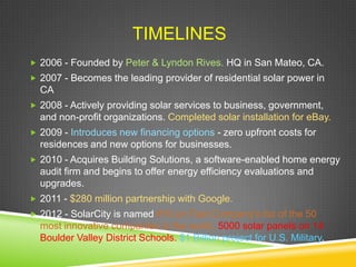 TIMELINES
 2006 - Founded by Peter & Lyndon Rives. HQ in San Mateo, CA.
 2007 - Becomes the leading provider of residential solar power in
  CA
 2008 - Actively providing solar services to business, government,
  and non-profit organizations. Completed solar installation for eBay.
 2009 - Introduces new financing options - zero upfront costs for
  residences and new options for businesses.
 2010 - Acquires Building Solutions, a software-enabled home energy
  audit firm and begins to offer energy efficiency evaluations and
  upgrades.
 2011 - $280 million partnership with Google.
 2012 - SolarCity is named #10 on Fast Company's list of the 50
  most innovative companies in the world. 5000 solar panels on 14
  Boulder Valley District Schools. $1 Billion project for U.S. Military.
 
