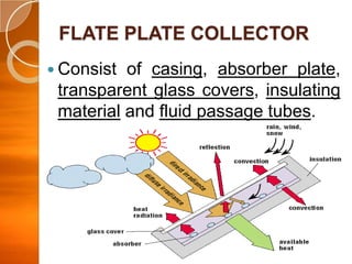 FLATE PLATE COLLECTOR
 Consist

of casing, absorber plate,
transparent glass covers, insulating
material and fluid passage tubes.

 