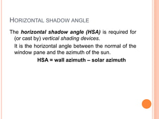 HORIZONTAL SHADOW ANGLE
The horizontal shadow angle (HSA) is required for
(or cast by) vertical shading devices.
It is the horizontal angle between the normal of the
window pane and the azimuth of the sun.
HSA = wall azimuth – solar azimuth
 