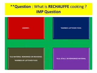 **Question : What is RECHAUFFE cooking ?
IMP Question
ANSWER : *WARMED LEFTOVER FOOD.
*OLD MATERIAL REWORKED OR REHASHED.
*WARMED-UP LEFTOVER FOOD
*OLD, STALE, OR REWORKED MATERIAL
 