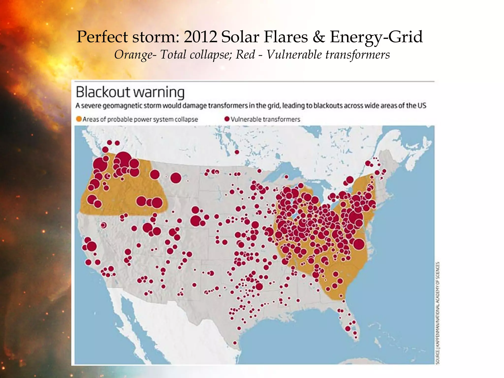 Perfect storm: 2012 Solar Flares & Energy-Grid  Orange- Total collapse; Red - Vulnerable transformers 