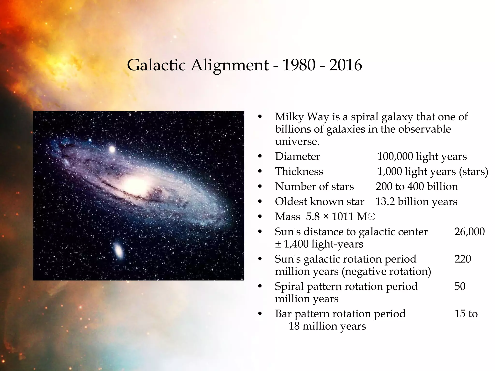 Galactic Alignment - 1980 - 2016   Milky Way is a spiral galaxy that one of billions of galaxies in the observable universe. Diameter    100,000 light years Thickness    1,000 light years (stars) Number of stars  200 to 400 billion Oldest known star  13.2 billion years Mass  5.8 × 1011 M☉ Sun's distance to galactic center  26,000 ± 1,400 light-years Sun's galactic rotation period  220 million years (negative rotation) Spiral pattern rotation period  50 million years Bar pattern rotation period  15 to  18 million years 