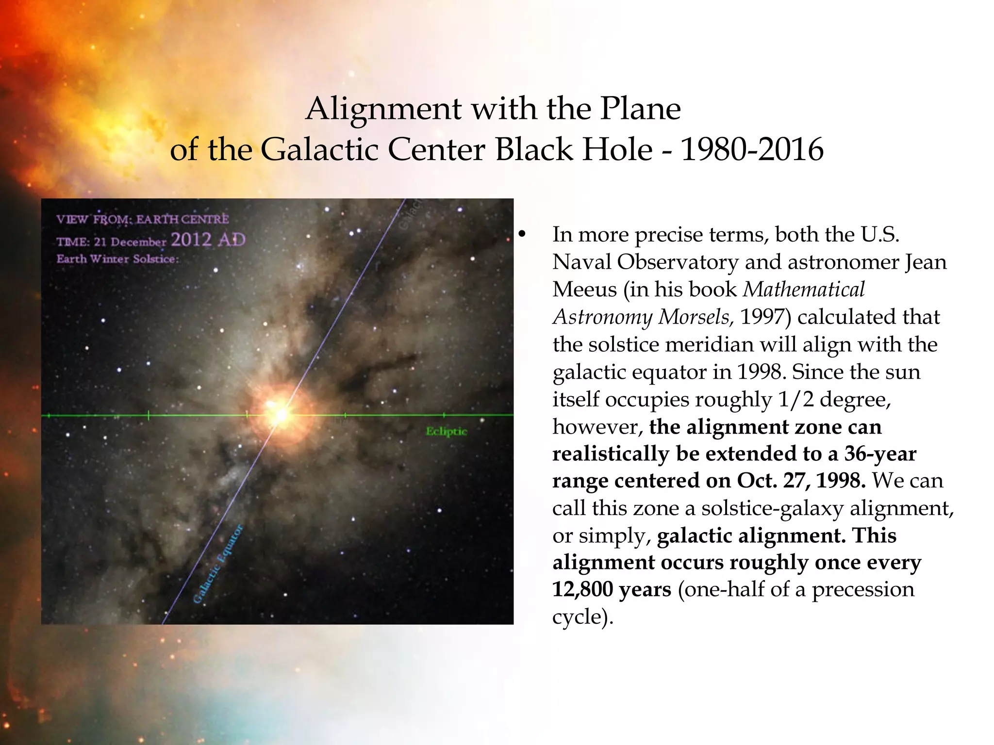 Alignment with the Plane  of the Galactic Center Black Hole - 1980-2016 In more precise terms, both the U.S. Naval Observatory and astronomer Jean Meeus (in his book  Mathematical Astronomy Morsels,  1997) calculated that the solstice meridian will align with the galactic equator in 1998. Since the sun itself occupies roughly 1/2 degree, however,  the alignment zone can realistically be extended to a 36-year range centered on Oct. 27, 1998.  We can call this zone a solstice-galaxy alignment, or simply,  galactic alignment. This alignment occurs roughly once every 12,800 years  (one-half of a precession cycle). 