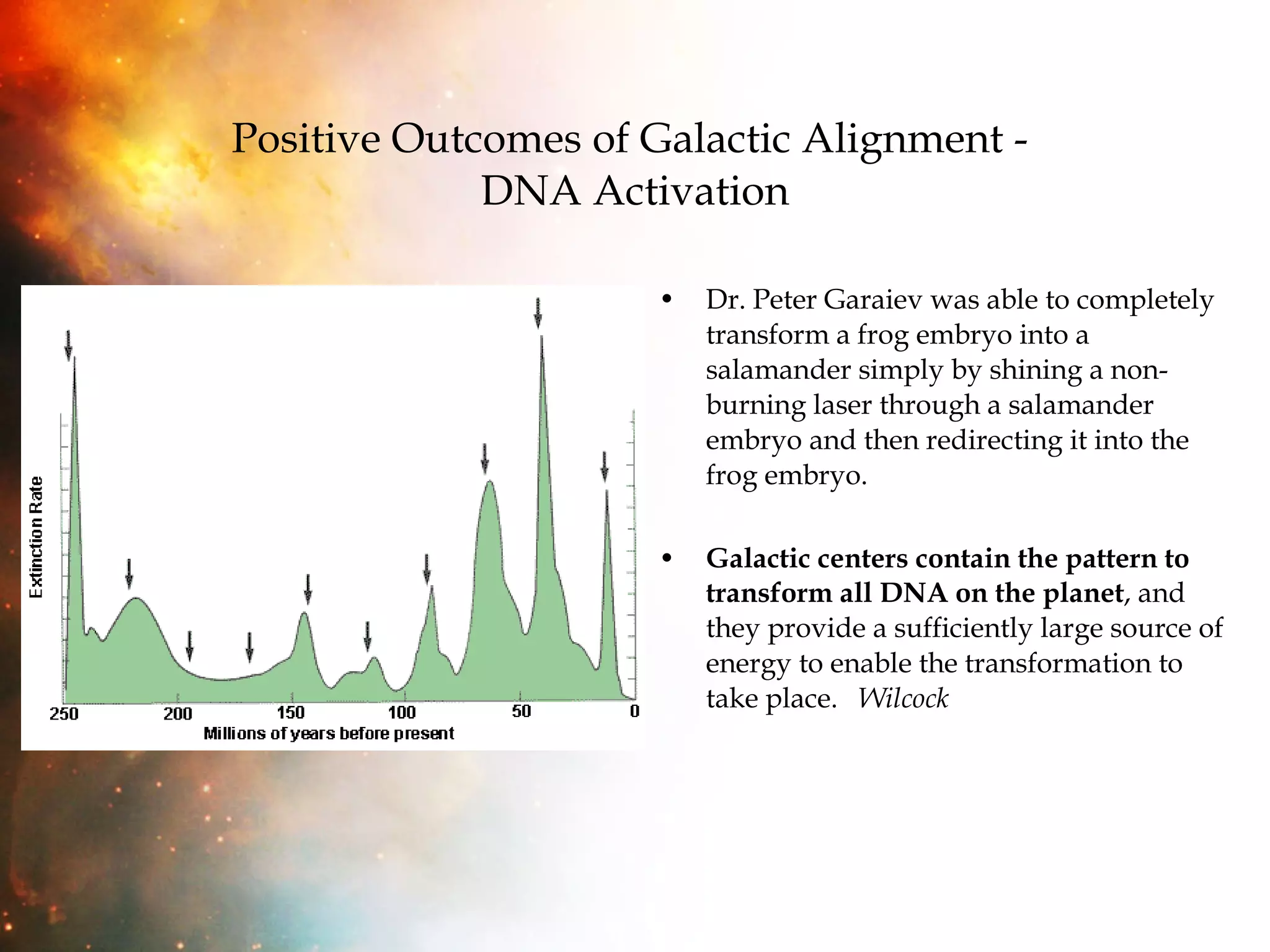 Positive Outcomes of Galactic Alignment -  DNA Activation Dr. Peter Garaiev was able to completely transform a frog embryo into a salamander simply by shining a non-burning laser through a salamander embryo and then redirecting it into the frog embryo. Galactic centers contain the pattern to transform all DNA on the planet , and they provide a sufficiently large source of energy to enable the transformation to take place.  Wilcock 
