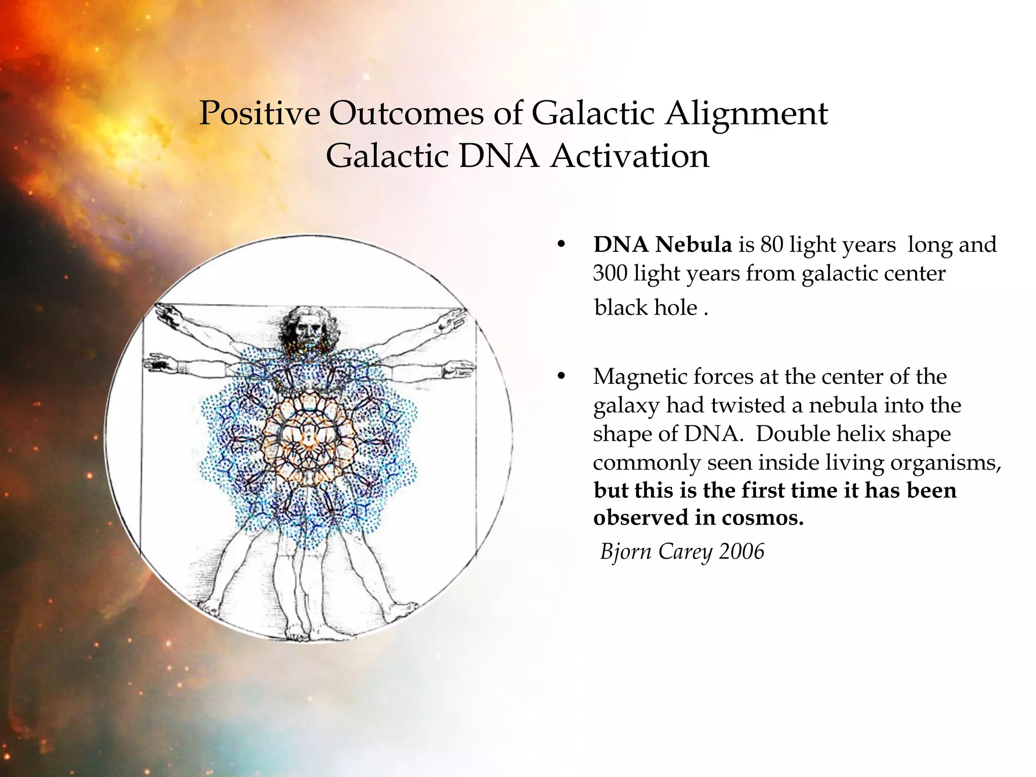 Positive Outcomes of Galactic Alignment  Galactic DNA Activation DNA Nebula  is 80 light years  long and 300 light years from galactic center  black hole . Magnetic forces at the center of the galaxy had twisted a nebula into the shape of DNA.  Double helix shape commonly seen inside living organisms,  but this is the first time it has been observed in cosmos.   Bjorn Carey 2006 