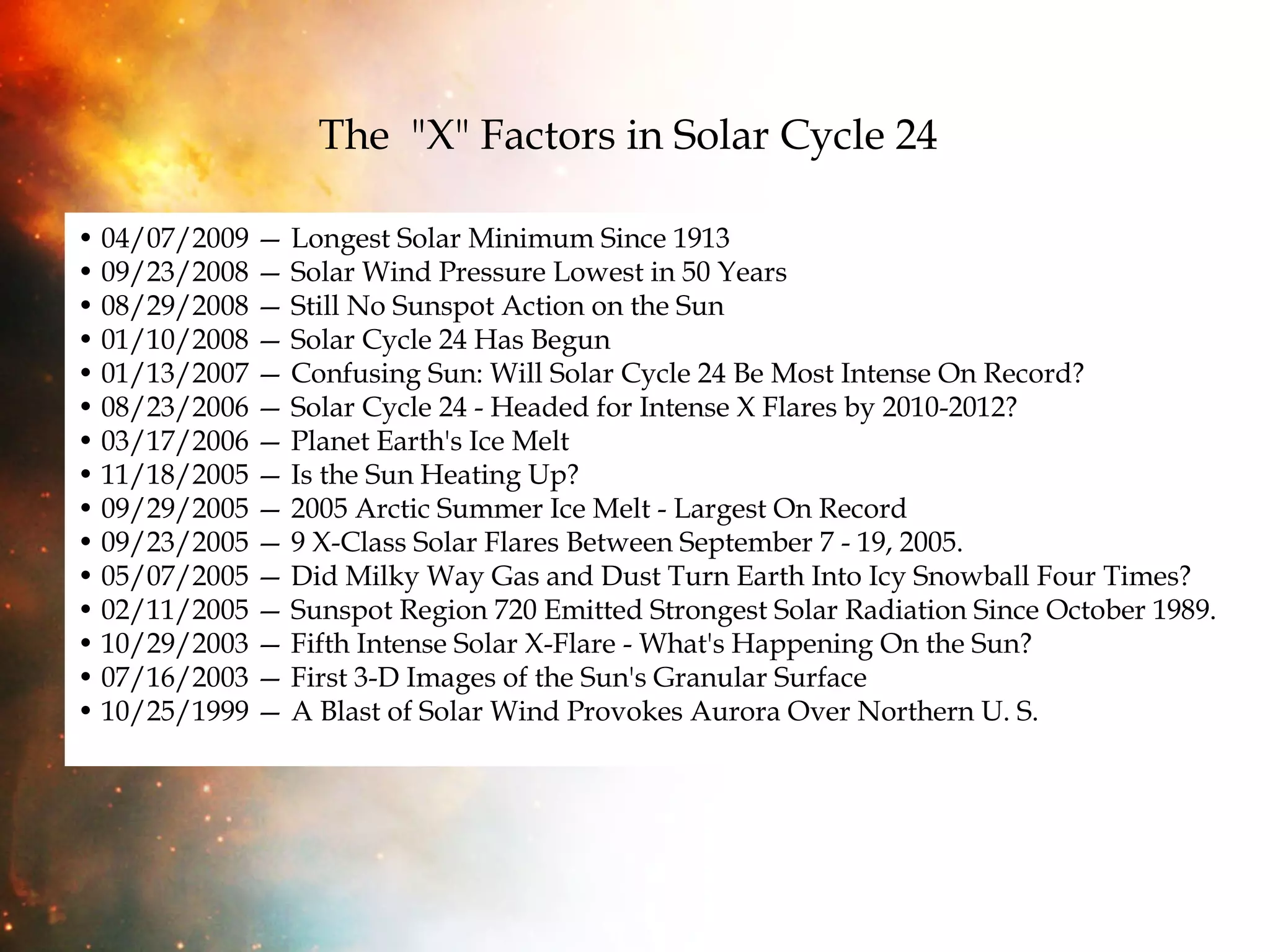 •  04/07/2009 — Longest Solar Minimum Since 1913 • 09/23/2008 — Solar Wind Pressure Lowest in 50 Years • 08/29/2008 — Still No Sunspot Action on the Sun  • 01/10/2008 — Solar Cycle 24 Has Begun • 01/13/2007 — Confusing Sun: Will Solar Cycle 24 Be Most Intense On Record?  • 08/23/2006 — Solar Cycle 24 - Headed for Intense X Flares by 2010-2012? • 03/17/2006 — Planet Earth's Ice Melt • 11/18/2005 — Is the Sun Heating Up? • 09/29/2005 — 2005 Arctic Summer Ice Melt - Largest On Record • 09/23/2005 — 9 X-Class Solar Flares Between September 7 - 19, 2005.  • 05/07/2005 — Did Milky Way Gas and Dust Turn Earth Into Icy Snowball Four Times? • 02/11/2005 — Sunspot Region 720 Emitted Strongest Solar Radiation Since October 1989. • 10/29/2003 — Fifth Intense Solar X-Flare - What's Happening On the Sun? • 07/16/2003 — First 3-D Images of the Sun's Granular Surface  • 10/25/1999 — A Blast of Solar Wind Provokes Aurora Over Northern U. S. The  "X" Factors in Solar Cycle 24   