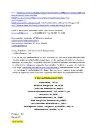 Liens : http://www.lemoniteur.fr/155-projets/article/actualite/24745448-solar-decathlon-2014-casa-
fenix-la-maison-d-urgence-durable
http://www.gouvernement.fr/gouvernement/solar-decathlon-projet-casa-fenix
http://casafenix.cl/
http://solardecathlon.iut-larochelle.fr/ ( http://solardecathlon.iut-larochelle.fr/?page_id=13 )
https://www.facebook.com/sdeiutcasafenix/photos_stream?tab=photos_stream
Contacts : Architecture Department UTFSM Teresa Madrid (Secretary)
tereas.madrid@usm.cl - 56 (032) 265 41 06 / fax : 56 (032) 265 41 08
Communication Coordinator UTFSM Carolina Sepulveda
Carolina.sepulvedal@alumnos.usm.cl
Communication Coordinator IUT Simon Rebreau
s.ribreau@hotmail.fr
address: Avda España 1680 p.o box: casilla 110-v postcode:
2390123 Valparaìso -- Chile
AVIS : J’ai été particulièrement émue lors de la visite de la Casa Fenix, car le projet présenté est à la
fois plein de bon sens et de lucidité. Je doute qu’on avis des plus longs soit réellement nécessaire,
mais ayant moi-même vécu l’incendie de ma maison j’ai été particulièrement affectée par ce projet
de solidarité. Une vidéo postée sur youtube illustre très bien l’ambition et les valeurs des étudiants
sur le projet : http://www.youtube.com/watch?v=dqwQPVvtFp4. Energétiquement parlant, j’ai été
très étonnée par le mur fait de bouteilles d’eau !! Dans tous les cas il y a eu de la recherche et je
pense que ces groupes franco-chilien sont capables de mettre à jour des projets très intéressants…
6e
place sur le classement final :
Architecture : 78/120
Efficacité énergétique : 71,84/80
Conditions de confort : 68,48/120
Communication et communication sociale : 73/80
Innovation : 65,08/80
Ingénierie et construction : 72/80
Bilan énergétique électrique : 89,62/120
Fonctionnement de la maison : 87,7/120
Aménagement urbain, transport et abordabilité : 96/120
Développement durable : 76/80
Pénalités : 0,3
Bonus : 25
Total : 802,42
 