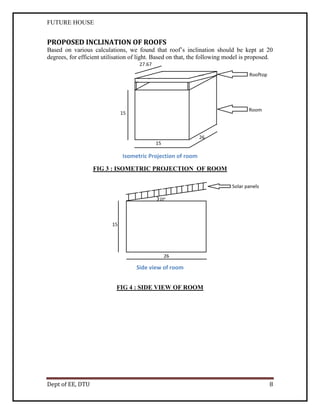FUTURE HOUSE

PROPOSED INCLINATION OF ROOFS
Based on various calculations, we found that roof’s inclination should be kept at 20
degrees, for efficient utilisation of light. Based on that, the following model is proposed.

Isometric Projection of room
FIG 3 : ISOMETRIC PROJECTION OF ROOM

Side view of room
FIG 4 : SIDE VIEW OF ROOM

Dept of EE, DTU

8

 