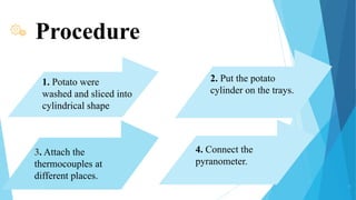 Procedure
13
1. Potato were
washed and sliced into
cylindrical shape
3. Attach the
thermocouples at
different places.
4. Connect the
pyranometer.
2. Put the potato
cylinder on the trays.
 