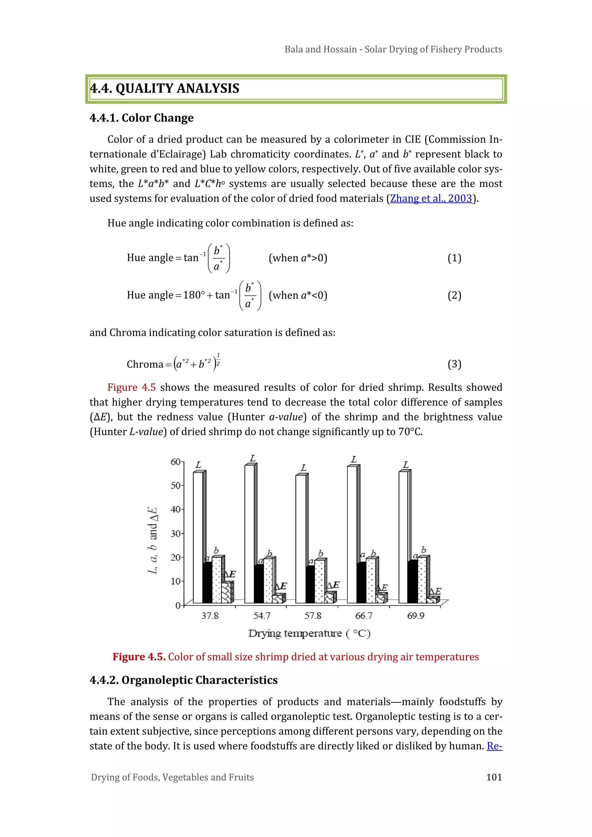 Bala and Hossain - Solar Drying of Fishery Products
Drying of Foods, Vegetables and Fruits 101
4.4. QUALITY ANALYSIS
4.4.1. Color Change
Color of a dried product can be measured by a colorimeter in CIE (Commission In-
ternationale d’Eclairage) Lab chromaticity coordinates. L*, a* and b* represent black to
white, green to red and blue to yellow colors, respectively. Out of five available color sys-
tems, the L*a*b* and L*C*ho systems are usually selected because these are the most
used systems for evaluation of the color of dried food materials (Zhang et al., 2003).
Hue angle indicating color combination is defined as:






= −
*
*
a
b1
tanangleHue (when a*>0) (1)






+°= −
*
*
a
b1
tan180angleHue (when a*<0) (2)
and Chroma indicating color saturation is defined as:
( )2
1
2*2*
ba +=Chroma (3)
Figure 4.5 shows the measured results of color for dried shrimp. Results showed
that higher drying temperatures tend to decrease the total color difference of samples
(ΔE), but the redness value (Hunter a-value) of the shrimp and the brightness value
(Hunter L-value) of dried shrimp do not change significantly up to 70°C.
Figure 4.5. Color of small size shrimp dried at various drying air temperatures
4.4.2. Organoleptic Characteristics
The analysis of the properties of products and materials—mainly foodstuffs by
means of the sense or organs is called organoleptic test. Organoleptic testing is to a cer-
tain extent subjective, since perceptions among different persons vary, depending on the
state of the body. It is used where foodstuffs are directly liked or disliked by human. Re-
 