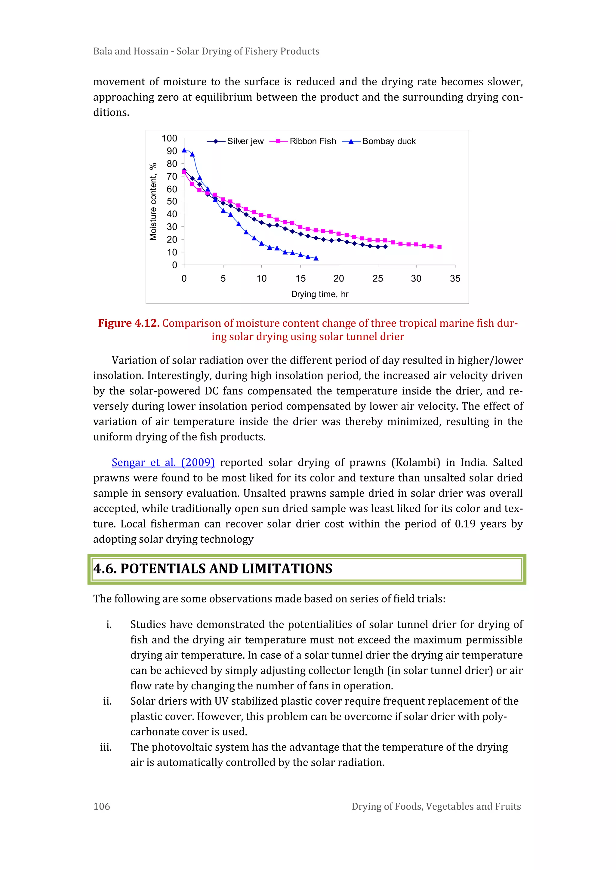 Bala and Hossain - Solar Drying of Fishery Products
106 Drying of Foods, Vegetables and Fruits
movement of moisture to the surface is reduced and the drying rate becomes slower,
approaching zero at equilibrium between the product and the surrounding drying con-
ditions.
Figure 4.12. Comparison of moisture content change of three tropical marine fish dur-
ing solar drying using solar tunnel drier
Variation of solar radiation over the different period of day resulted in higher/lower
insolation. Interestingly, during high insolation period, the increased air velocity driven
by the solar-powered DC fans compensated the temperature inside the drier, and re-
versely during lower insolation period compensated by lower air velocity. The effect of
variation of air temperature inside the drier was thereby minimized, resulting in the
uniform drying of the fish products.
Sengar et al. (2009) reported solar drying of prawns (Kolambi) in India. Salted
prawns were found to be most liked for its color and texture than unsalted solar dried
sample in sensory evaluation. Unsalted prawns sample dried in solar drier was overall
accepted, while traditionally open sun dried sample was least liked for its color and tex-
ture. Local fisherman can recover solar drier cost within the period of 0.19 years by
adopting solar drying technology
4.6. POTENTIALS AND LIMITATIONS
The following are some observations made based on series of field trials:
i. Studies have demonstrated the potentialities of solar tunnel drier for drying of
fish and the drying air temperature must not exceed the maximum permissible
drying air temperature. In case of a solar tunnel drier the drying air temperature
can be achieved by simply adjusting collector length (in solar tunnel drier) or air
flow rate by changing the number of fans in operation.
ii. Solar driers with UV stabilized plastic cover require frequent replacement of the
plastic cover. However, this problem can be overcome if solar drier with poly-
carbonate cover is used.
iii. The photovoltaic system has the advantage that the temperature of the drying
air is automatically controlled by the solar radiation.
0
10
20
30
40
50
60
70
80
90
100
0 5 10 15 20 25 30 35
Drying time, hr
Moisturecontent,%
Silver jew Ribbon Fish Bombay duck
 