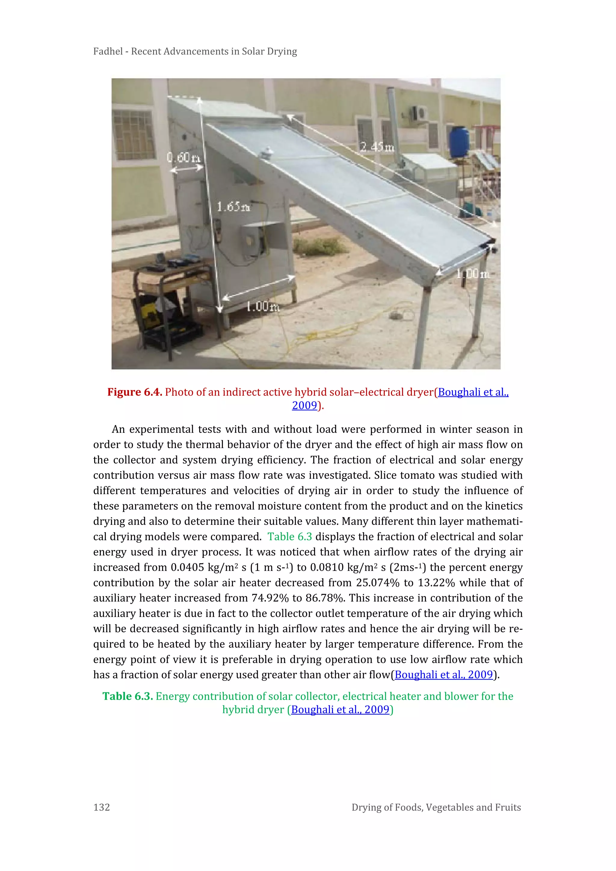 Fadhel - Recent Advancements in Solar Drying
132 Drying of Foods, Vegetables and Fruits
Figure 6.4. Photo of an indirect active hybrid solar–electrical dryer(Boughali et al.,
2009).
An experimental tests with and without load were performed in winter season in
order to study the thermal behavior of the dryer and the effect of high air mass flow on
the collector and system drying efficiency. The fraction of electrical and solar energy
contribution versus air mass flow rate was investigated. Slice tomato was studied with
different temperatures and velocities of drying air in order to study the influence of
these parameters on the removal moisture content from the product and on the kinetics
drying and also to determine their suitable values. Many different thin layer mathemati-
cal drying models were compared. Table 6.3 displays the fraction of electrical and solar
energy used in dryer process. It was noticed that when airflow rates of the drying air
increased from 0.0405 kg/m2 s (1 m s-1) to 0.0810 kg/m2 s (2ms-1) the percent energy
contribution by the solar air heater decreased from 25.074% to 13.22% while that of
auxiliary heater increased from 74.92% to 86.78%. This increase in contribution of the
auxiliary heater is due in fact to the collector outlet temperature of the air drying which
will be decreased significantly in high airflow rates and hence the air drying will be re-
quired to be heated by the auxiliary heater by larger temperature difference. From the
energy point of view it is preferable in drying operation to use low airflow rate which
has a fraction of solar energy used greater than other air flow(Boughali et al., 2009).
Table 6.3. Energy contribution of solar collector, electrical heater and blower for the
hybrid dryer (Boughali et al., 2009)
 