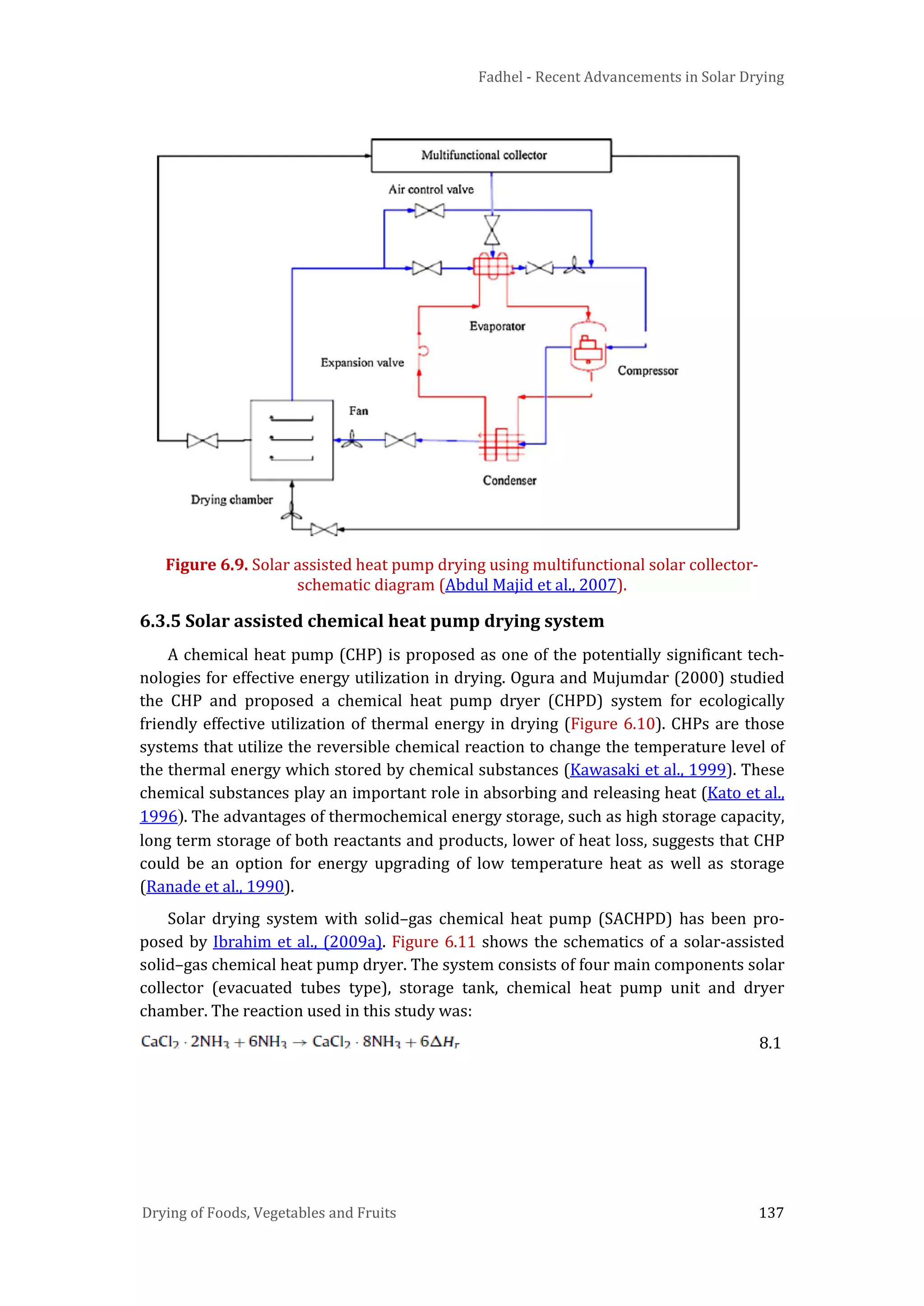 Fadhel - Recent Advancements in Solar Drying
Drying of Foods, Vegetables and Fruits 137
Figure 6.9. Solar assisted heat pump drying using multifunctional solar collector-
schematic diagram (Abdul Majid et al., 2007).
6.3.5 Solar assisted chemical heat pump drying system
A chemical heat pump (CHP) is proposed as one of the potentially significant tech-
nologies for effective energy utilization in drying. Ogura and Mujumdar (2000) studied
the CHP and proposed a chemical heat pump dryer (CHPD) system for ecologically
friendly effective utilization of thermal energy in drying (Figure 6.10). CHPs are those
systems that utilize the reversible chemical reaction to change the temperature level of
the thermal energy which stored by chemical substances (Kawasaki et al., 1999). These
chemical substances play an important role in absorbing and releasing heat (Kato et al.,
1996). The advantages of thermochemical energy storage, such as high storage capacity,
long term storage of both reactants and products, lower of heat loss, suggests that CHP
could be an option for energy upgrading of low temperature heat as well as storage
(Ranade et al., 1990).
Solar drying system with solid–gas chemical heat pump (SACHPD) has been pro-
posed by Ibrahim et al., (2009a). Figure 6.11 shows the schematics of a solar-assisted
solid–gas chemical heat pump dryer. The system consists of four main components solar
collector (evacuated tubes type), storage tank, chemical heat pump unit and dryer
chamber. The reaction used in this study was:
8.1
 