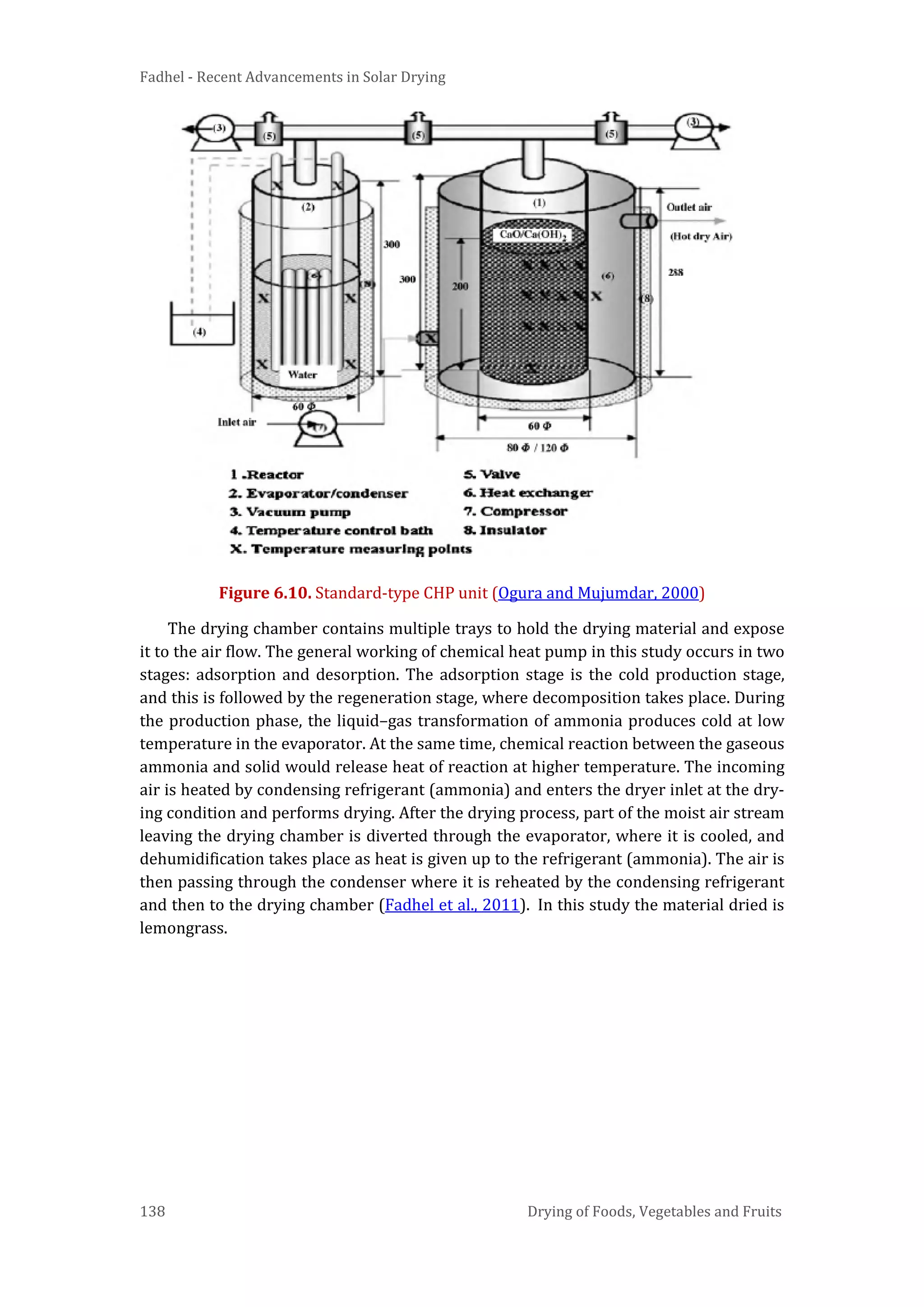 Fadhel - Recent Advancements in Solar Drying
138 Drying of Foods, Vegetables and Fruits
Figure 6.10. Standard-type CHP unit (Ogura and Mujumdar, 2000)
The drying chamber contains multiple trays to hold the drying material and expose
it to the air flow. The general working of chemical heat pump in this study occurs in two
stages: adsorption and desorption. The adsorption stage is the cold production stage,
and this is followed by the regeneration stage, where decomposition takes place. During
the production phase, the liquid–gas transformation of ammonia produces cold at low
temperature in the evaporator. At the same time, chemical reaction between the gaseous
ammonia and solid would release heat of reaction at higher temperature. The incoming
air is heated by condensing refrigerant (ammonia) and enters the dryer inlet at the dry-
ing condition and performs drying. After the drying process, part of the moist air stream
leaving the drying chamber is diverted through the evaporator, where it is cooled, and
dehumidification takes place as heat is given up to the refrigerant (ammonia). The air is
then passing through the condenser where it is reheated by the condensing refrigerant
and then to the drying chamber (Fadhel et al., 2011). In this study the material dried is
lemongrass.
 