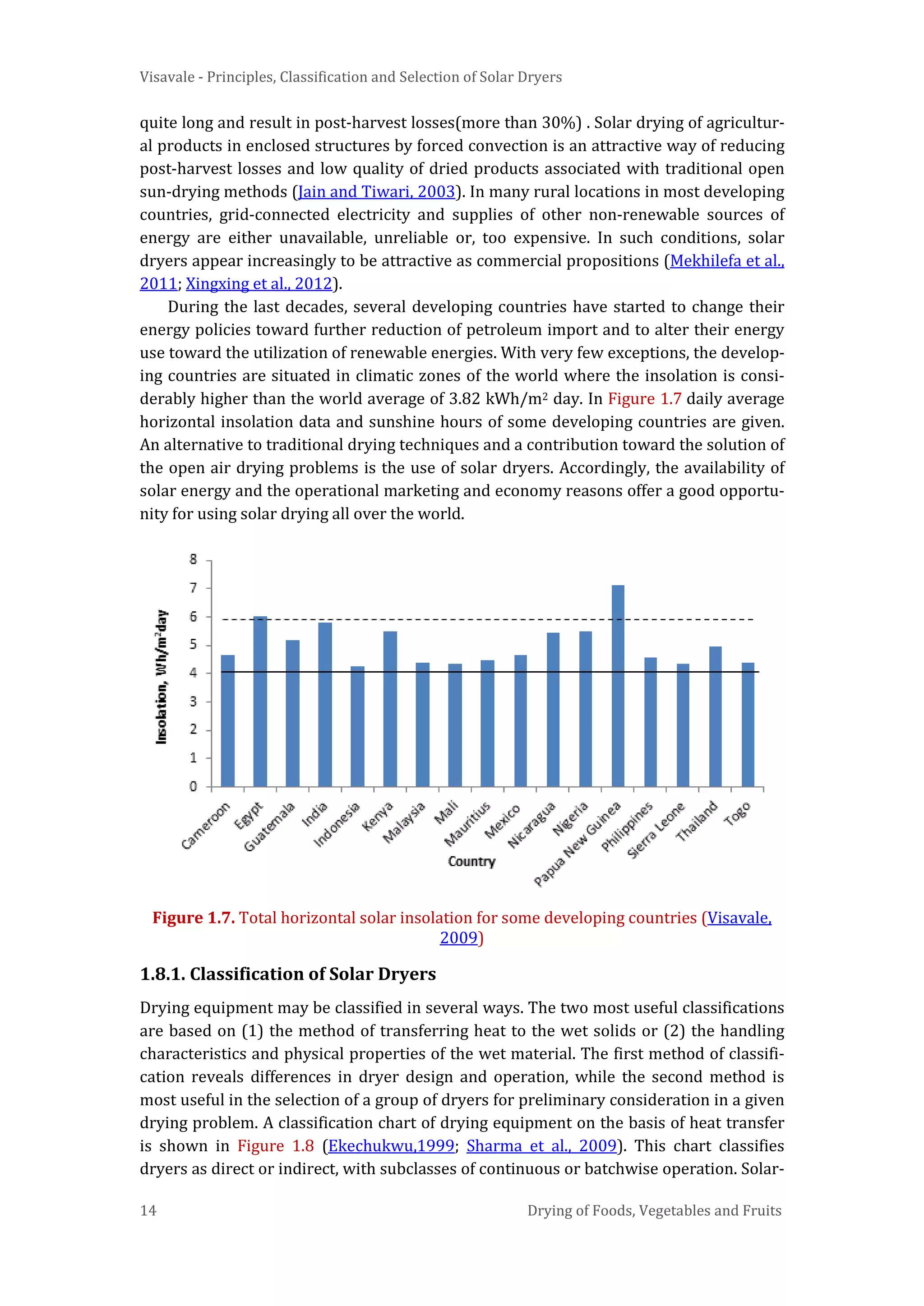 Visavale - Principles, Classification and Selection of Solar Dryers
14 Drying of Foods, Vegetables and Fruits
quite long and result in post-harvest losses(more than 30%) . Solar drying of agricultur-
al products in enclosed structures by forced convection is an attractive way of reducing
post-harvest losses and low quality of dried products associated with traditional open
sun-drying methods (Jain and Tiwari, 2003). In many rural locations in most developing
countries, grid-connected electricity and supplies of other non-renewable sources of
energy are either unavailable, unreliable or, too expensive. In such conditions, solar
dryers appear increasingly to be attractive as commercial propositions (Mekhilefa et al.,
2011; Xingxing et al., 2012).
During the last decades, several developing countries have started to change their
energy policies toward further reduction of petroleum import and to alter their energy
use toward the utilization of renewable energies. With very few exceptions, the develop-
ing countries are situated in climatic zones of the world where the insolation is consi-
derably higher than the world average of 3.82 kWh/m2 day. In Figure 1.7 daily average
horizontal insolation data and sunshine hours of some developing countries are given.
An alternative to traditional drying techniques and a contribution toward the solution of
the open air drying problems is the use of solar dryers. Accordingly, the availability of
solar energy and the operational marketing and economy reasons offer a good opportu-
nity for using solar drying all over the world.
Figure 1.7. Total horizontal solar insolation for some developing countries (Visavale,
2009)
1.8.1. Classification of Solar Dryers
Drying equipment may be classified in several ways. The two most useful classifications
are based on (1) the method of transferring heat to the wet solids or (2) the handling
characteristics and physical properties of the wet material. The first method of classifi-
cation reveals differences in dryer design and operation, while the second method is
most useful in the selection of a group of dryers for preliminary consideration in a given
drying problem. A classification chart of drying equipment on the basis of heat transfer
is shown in Figure 1.8 (Ekechukwu,1999; Sharma et al., 2009). This chart classifies
dryers as direct or indirect, with subclasses of continuous or batchwise operation. Solar-
 