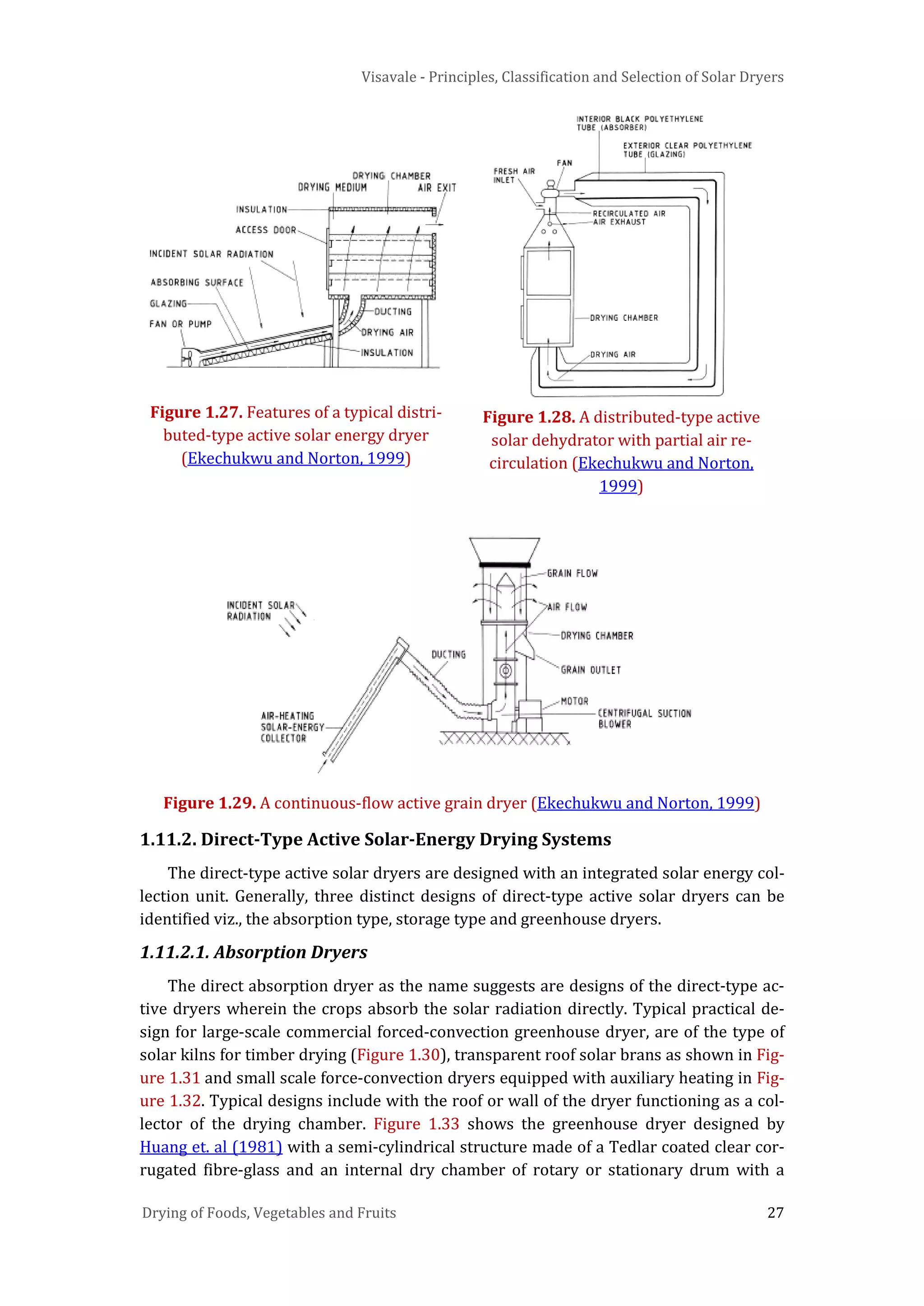 Visavale - Principles, Classification and Selection of Solar Dryers
Drying of Foods, Vegetables and Fruits 27
Figure 1.27. Features of a typical distri-
buted-type active solar energy dryer
(Ekechukwu and Norton, 1999)
Figure 1.28. A distributed-type active
solar dehydrator with partial air re-
circulation (Ekechukwu and Norton,
1999)
Figure 1.29. A continuous-flow active grain dryer (Ekechukwu and Norton, 1999)
1.11.2. Direct-Type Active Solar-Energy Drying Systems
The direct-type active solar dryers are designed with an integrated solar energy col-
lection unit. Generally, three distinct designs of direct-type active solar dryers can be
identified viz., the absorption type, storage type and greenhouse dryers.
1.11.2.1. Absorption Dryers
The direct absorption dryer as the name suggests are designs of the direct-type ac-
tive dryers wherein the crops absorb the solar radiation directly. Typical practical de-
sign for large-scale commercial forced-convection greenhouse dryer, are of the type of
solar kilns for timber drying (Figure 1.30), transparent roof solar brans as shown in Fig-
ure 1.31 and small scale force-convection dryers equipped with auxiliary heating in Fig-
ure 1.32. Typical designs include with the roof or wall of the dryer functioning as a col-
lector of the drying chamber. Figure 1.33 shows the greenhouse dryer designed by
Huang et. al (1981) with a semi-cylindrical structure made of a Tedlar coated clear cor-
rugated fibre-glass and an internal dry chamber of rotary or stationary drum with a
 