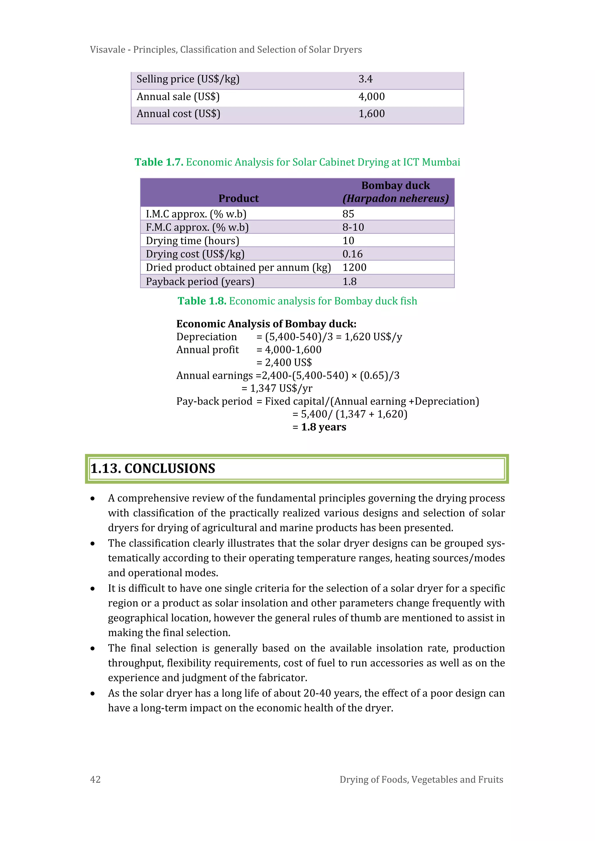 Visavale - Principles, Classification and Selection of Solar Dryers
42 Drying of Foods, Vegetables and Fruits
Table 1.7. Economic Analysis for Solar Cabinet Drying at ICT Mumbai
Product
Bombay duck
(Harpadon nehereus)
I.M.C approx. (% w.b) 85
F.M.C approx. (% w.b) 8-10
Drying time (hours) 10
Drying cost (US$/kg) 0.16
Dried product obtained per annum (kg) 1200
Payback period (years) 1.8
Table 1.8. Economic analysis for Bombay duck fish
Economic Analysis of Bombay duck:
Depreciation = (5,400-540)/3 = 1,620 US$/y
Annual profit = 4,000-1,600
= 2,400 US$
Annual earnings =2,400-(5,400-540) × (0.65)/3
= 1,347 US$/yr
Pay-back period = Fixed capital/(Annual earning +Depreciation)
= 5,400/ (1,347 + 1,620)
= 1.8 years
1.13. CONCLUSIONS
• A comprehensive review of the fundamental principles governing the drying process
with classification of the practically realized various designs and selection of solar
dryers for drying of agricultural and marine products has been presented.
• The classification clearly illustrates that the solar dryer designs can be grouped sys-
tematically according to their operating temperature ranges, heating sources/modes
and operational modes.
• It is difficult to have one single criteria for the selection of a solar dryer for a specific
region or a product as solar insolation and other parameters change frequently with
geographical location, however the general rules of thumb are mentioned to assist in
making the final selection.
• The final selection is generally based on the available insolation rate, production
throughput, flexibility requirements, cost of fuel to run accessories as well as on the
experience and judgment of the fabricator.
• As the solar dryer has a long life of about 20-40 years, the effect of a poor design can
have a long-term impact on the economic health of the dryer.
Selling price (US$/kg) 3.4
Annual sale (US$) 4,000
Annual cost (US$) 1,600
 