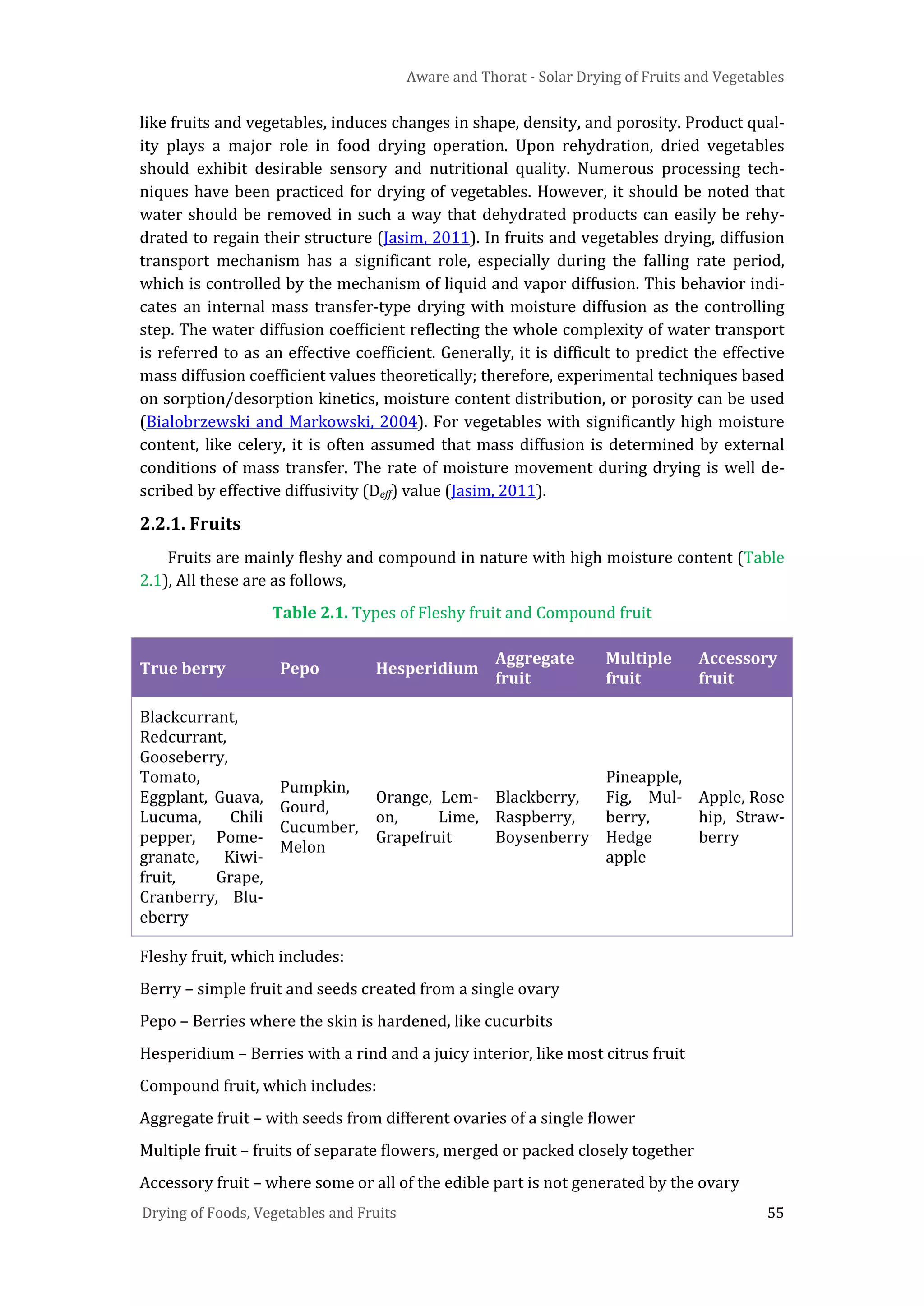 Aware and Thorat - Solar Drying of Fruits and Vegetables
Drying of Foods, Vegetables and Fruits 55
like fruits and vegetables, induces changes in shape, density, and porosity. Product qual-
ity plays a major role in food drying operation. Upon rehydration, dried vegetables
should exhibit desirable sensory and nutritional quality. Numerous processing tech-
niques have been practiced for drying of vegetables. However, it should be noted that
water should be removed in such a way that dehydrated products can easily be rehy-
drated to regain their structure (Jasim, 2011). In fruits and vegetables drying, diffusion
transport mechanism has a significant role, especially during the falling rate period,
which is controlled by the mechanism of liquid and vapor diffusion. This behavior indi-
cates an internal mass transfer-type drying with moisture diffusion as the controlling
step. The water diffusion coefficient reflecting the whole complexity of water transport
is referred to as an effective coefficient. Generally, it is difficult to predict the effective
mass diffusion coefficient values theoretically; therefore, experimental techniques based
on sorption/desorption kinetics, moisture content distribution, or porosity can be used
(Bialobrzewski and Markowski, 2004). For vegetables with significantly high moisture
content, like celery, it is often assumed that mass diffusion is determined by external
conditions of mass transfer. The rate of moisture movement during drying is well de-
scribed by effective diffusivity (Deff) value (Jasim, 2011).
2.2.1. Fruits
Fruits are mainly fleshy and compound in nature with high moisture content (Table
2.1), All these are as follows,
Table 2.1. Types of Fleshy fruit and Compound fruit
True berry Pepo Hesperidium
Aggregate
fruit
Multiple
fruit
Accessory
fruit
Blackcurrant,
Redcurrant,
Gooseberry,
Tomato,
Eggplant, Guava,
Lucuma, Chili
pepper, Pome-
granate, Kiwi-
fruit, Grape,
Cranberry, Blu-
eberry
Pumpkin,
Gourd,
Cucumber,
Melon
Orange, Lem-
on, Lime,
Grapefruit
Blackberry,
Raspberry,
Boysenberry
Pineapple,
Fig, Mul-
berry,
Hedge
apple
Apple, Rose
hip, Straw-
berry
Fleshy fruit, which includes:
Berry – simple fruit and seeds created from a single ovary
Pepo – Berries where the skin is hardened, like cucurbits
Hesperidium – Berries with a rind and a juicy interior, like most citrus fruit
Compound fruit, which includes:
Aggregate fruit – with seeds from different ovaries of a single flower
Multiple fruit – fruits of separate flowers, merged or packed closely together
Accessory fruit – where some or all of the edible part is not generated by the ovary
 
