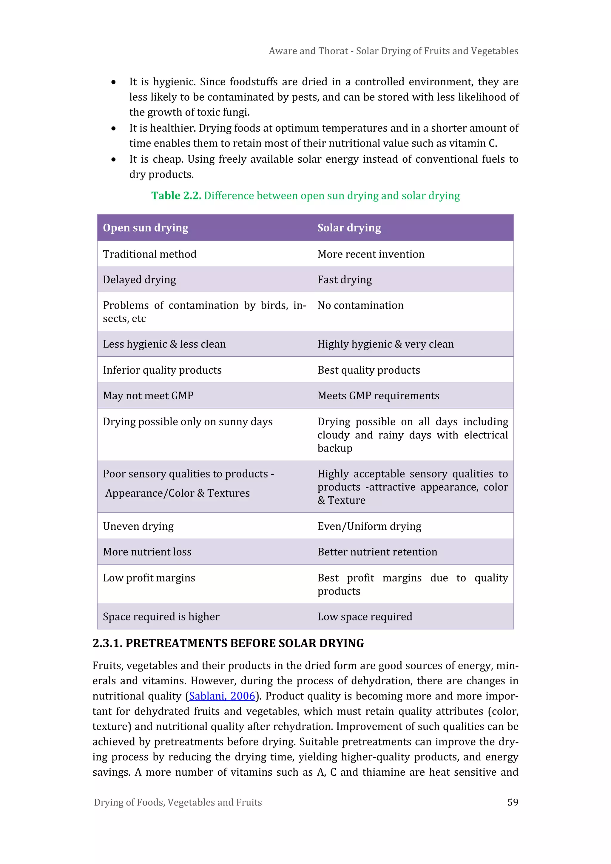 Aware and Thorat - Solar Drying of Fruits and Vegetables
Drying of Foods, Vegetables and Fruits 59
• It is hygienic. Since foodstuffs are dried in a controlled environment, they are
less likely to be contaminated by pests, and can be stored with less likelihood of
the growth of toxic fungi.
• It is healthier. Drying foods at optimum temperatures and in a shorter amount of
time enables them to retain most of their nutritional value such as vitamin C.
• It is cheap. Using freely available solar energy instead of conventional fuels to
dry products.
Table 2.2. Difference between open sun drying and solar drying
Open sun drying Solar drying
Traditional method More recent invention
Delayed drying Fast drying
Problems of contamination by birds, in-
sects, etc
No contamination
Less hygienic & less clean Highly hygienic & very clean
Inferior quality products Best quality products
May not meet GMP Meets GMP requirements
Drying possible only on sunny days Drying possible on all days including
cloudy and rainy days with electrical
backup
Poor sensory qualities to products -
Appearance/Color & Textures
Highly acceptable sensory qualities to
products -attractive appearance, color
& Texture
Uneven drying Even/Uniform drying
More nutrient loss Better nutrient retention
Low profit margins Best profit margins due to quality
products
Space required is higher Low space required
2.3.1. PRETREATMENTS BEFORE SOLAR DRYING
Fruits, vegetables and their products in the dried form are good sources of energy, min-
erals and vitamins. However, during the process of dehydration, there are changes in
nutritional quality (Sablani, 2006). Product quality is becoming more and more impor-
tant for dehydrated fruits and vegetables, which must retain quality attributes (color,
texture) and nutritional quality after rehydration. Improvement of such qualities can be
achieved by pretreatments before drying. Suitable pretreatments can improve the dry-
ing process by reducing the drying time, yielding higher-quality products, and energy
savings. A more number of vitamins such as A, C and thiamine are heat sensitive and
 