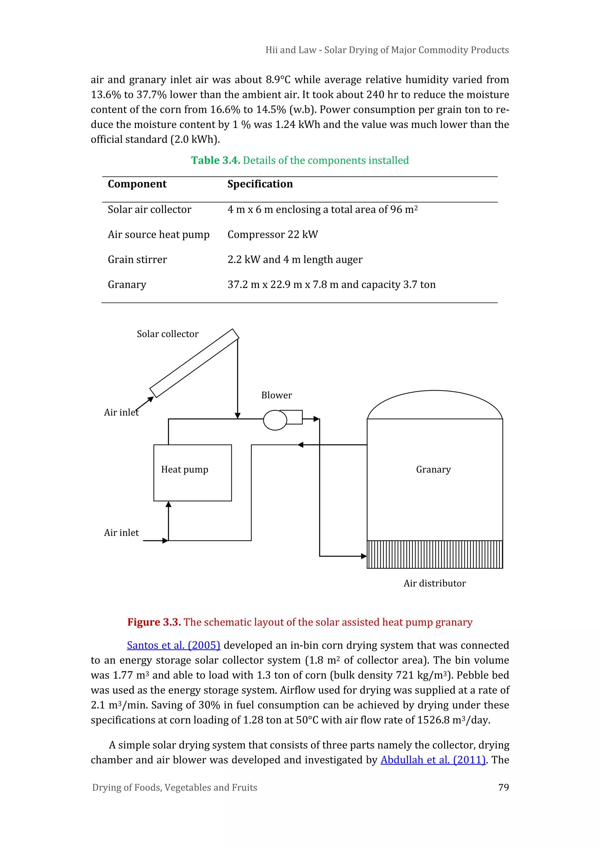 Hii and Law - Solar Drying of Major Commodity Products
Drying of Foods, Vegetables and Fruits 79
air and granary inlet air was about 8.9°C while average relative humidity varied from
13.6% to 37.7% lower than the ambient air. It took about 240 hr to reduce the moisture
content of the corn from 16.6% to 14.5% (w.b). Power consumption per grain ton to re-
duce the moisture content by 1 % was 1.24 kWh and the value was much lower than the
official standard (2.0 kWh).
Table 3.4. Details of the components installed
Component Specification
Solar air collector 4 m x 6 m enclosing a total area of 96 m2
Air source heat pump Compressor 22 kW
Grain stirrer 2.2 kW and 4 m length auger
Granary 37.2 m x 22.9 m x 7.8 m and capacity 3.7 ton
Figure 3.3. The schematic layout of the solar assisted heat pump granary
Santos et al. (2005) developed an in-bin corn drying system that was connected
to an energy storage solar collector system (1.8 m2 of collector area). The bin volume
was 1.77 m3 and able to load with 1.3 ton of corn (bulk density 721 kg/m3). Pebble bed
was used as the energy storage system. Airflow used for drying was supplied at a rate of
2.1 m3/min. Saving of 30% in fuel consumption can be achieved by drying under these
specifications at corn loading of 1.28 ton at 50°C with air flow rate of 1526.8 m3/day.
A simple solar drying system that consists of three parts namely the collector, drying
chamber and air blower was developed and investigated by Abdullah et al. (2011). The
Heat pump
Solar collector
Air inlet
Air inlet
Blower
Granary
Air distributor
 