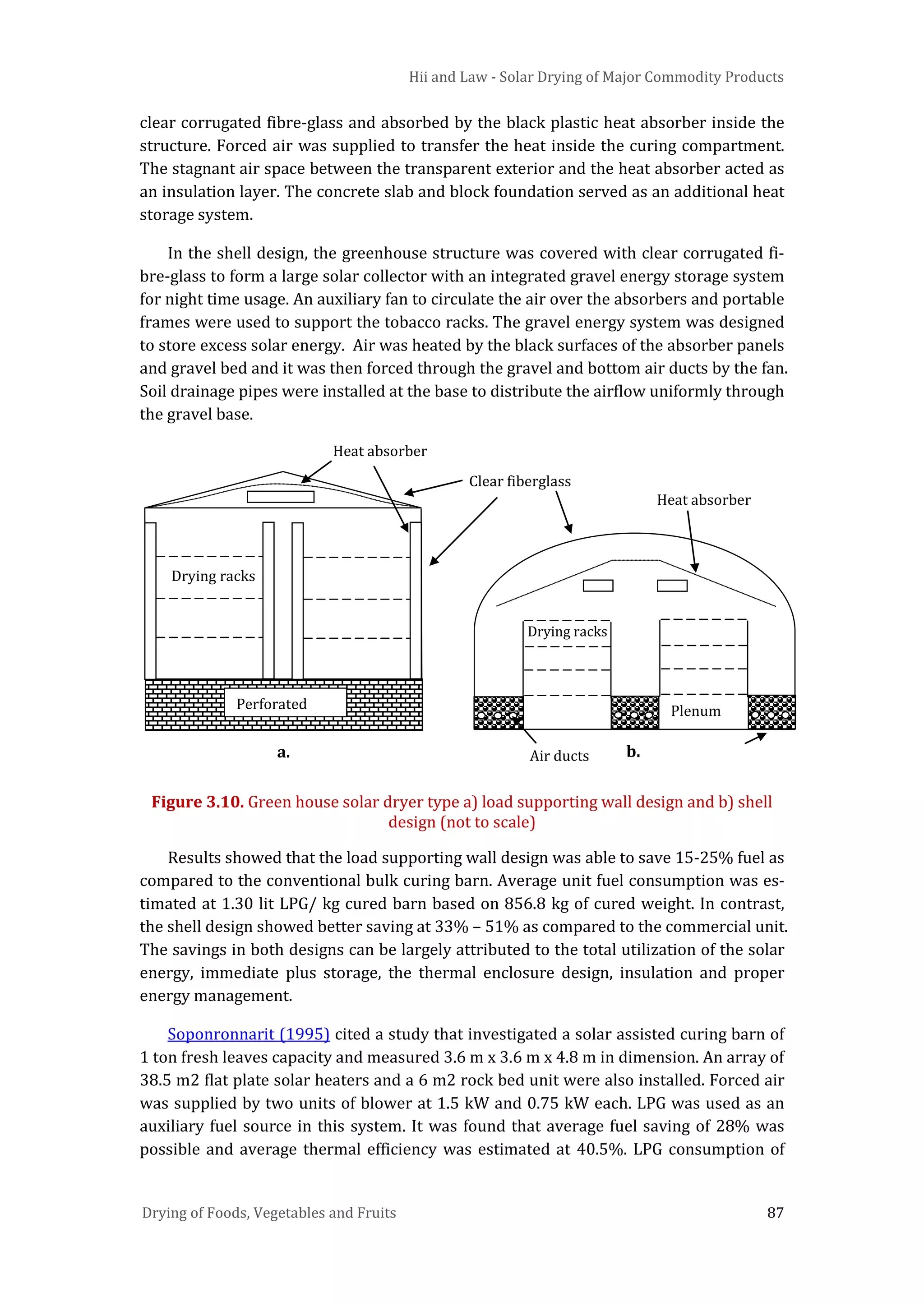 Hii and Law - Solar Drying of Major Commodity Products
Drying of Foods, Vegetables and Fruits 87
clear corrugated fibre-glass and absorbed by the black plastic heat absorber inside the
structure. Forced air was supplied to transfer the heat inside the curing compartment.
The stagnant air space between the transparent exterior and the heat absorber acted as
an insulation layer. The concrete slab and block foundation served as an additional heat
storage system.
In the shell design, the greenhouse structure was covered with clear corrugated fi-
bre-glass to form a large solar collector with an integrated gravel energy storage system
for night time usage. An auxiliary fan to circulate the air over the absorbers and portable
frames were used to support the tobacco racks. The gravel energy system was designed
to store excess solar energy. Air was heated by the black surfaces of the absorber panels
and gravel bed and it was then forced through the gravel and bottom air ducts by the fan.
Soil drainage pipes were installed at the base to distribute the airflow uniformly through
the gravel base.
Figure 3.10. Green house solar dryer type a) load supporting wall design and b) shell
design (not to scale)
Results showed that the load supporting wall design was able to save 15-25% fuel as
compared to the conventional bulk curing barn. Average unit fuel consumption was es-
timated at 1.30 lit LPG/ kg cured barn based on 856.8 kg of cured weight. In contrast,
the shell design showed better saving at 33% – 51% as compared to the commercial unit.
The savings in both designs can be largely attributed to the total utilization of the solar
energy, immediate plus storage, the thermal enclosure design, insulation and proper
energy management.
Soponronnarit (1995) cited a study that investigated a solar assisted curing barn of
1 ton fresh leaves capacity and measured 3.6 m x 3.6 m x 4.8 m in dimension. An array of
38.5 m2 flat plate solar heaters and a 6 m2 rock bed unit were also installed. Forced air
was supplied by two units of blower at 1.5 kW and 0.75 kW each. LPG was used as an
auxiliary fuel source in this system. It was found that average fuel saving of 28% was
possible and average thermal efficiency was estimated at 40.5%. LPG consumption of
a. b.
Clear fiberglass
Drying racks
PlenumPerforated
Drying racks
Heat absorber
Heat absorber
Air ducts
Drying racks
Plenum
 