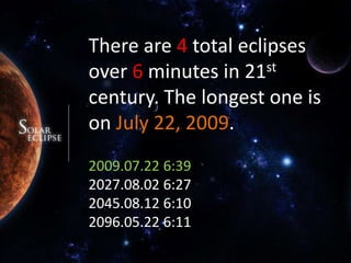 There are 4 total eclipses over 6 minutes in 21st century. The longest one is on July 22, 2009.2009.07.22 6:392027.08.02 6:272045.08.12 6:102096.05.22 6:11