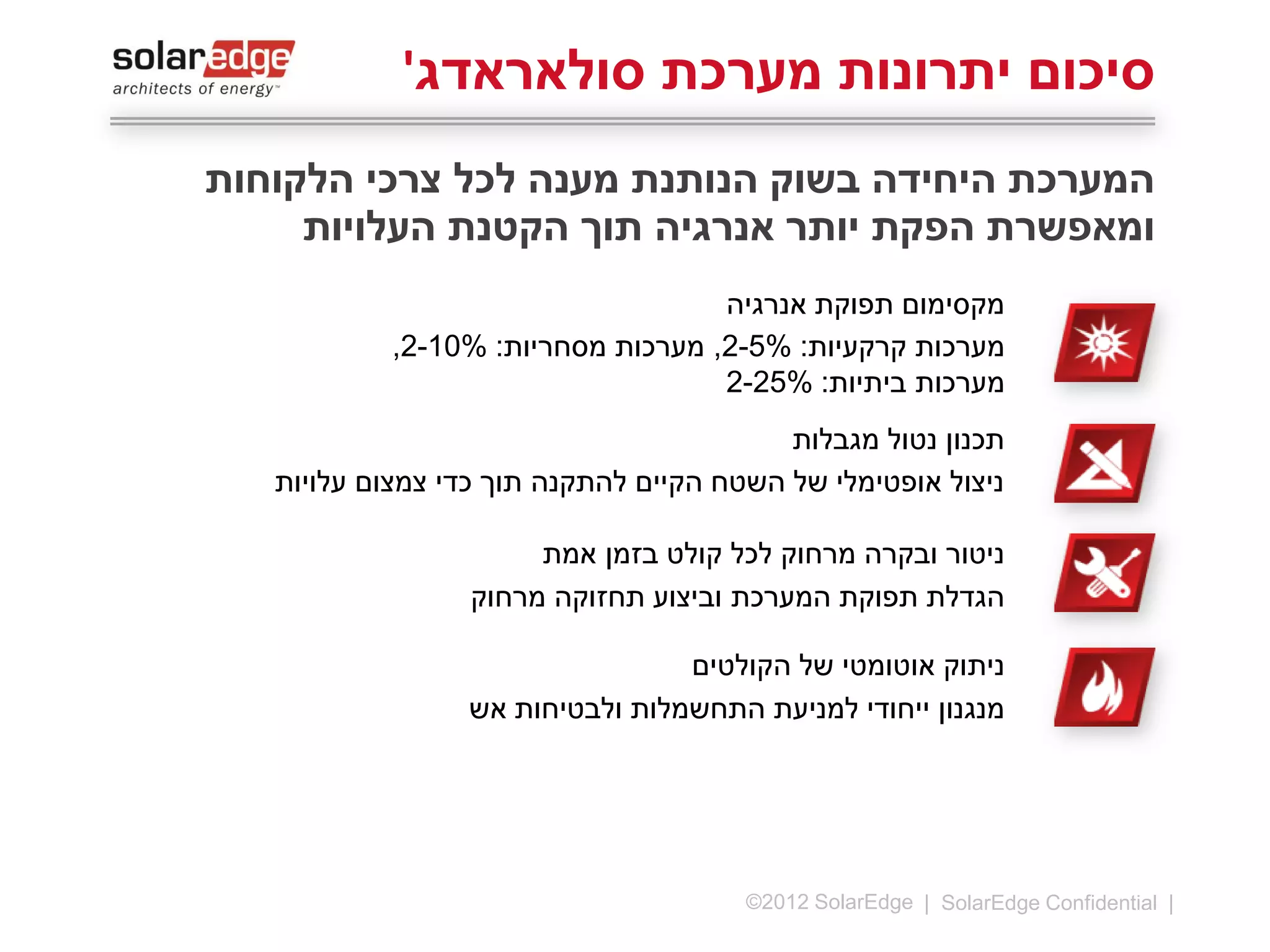 ‫סיכום יתרונות מערכת סולאראדג'‬
‫המערכת היחידה בשוק הנותנת מענה לכל צרכי הלקוחות ומאפשרת‬
‫הפקת יותר אנרגיה תוך הקטנת העלויות‬
‫מקסימום תפוקת אנרגיה‬
‫מערכות קרקעיות: %5-2, מערכות מסחריות: %01-2,‬
‫מערכות ביתיות: %52-2‬
‫תכנון נטול מגבלות‬
‫ניצול אופטימלי של השטח הקיים להתקנה תוך כדי צמצום עלויות‬
‫ניטור ובקרה מרחוק לכל קולט בזמן אמת‬
‫הגדלת תפוקת המערכת וביצוע תחזוקה מרחוק‬
‫ניתוק אוטומטי של הקולטים‬
‫מנגנון ייחודי למניעת התחשמלות ולבטיחות אש‬

‫61 |‬

‫‪©2013 SolarEdge‬‬

 