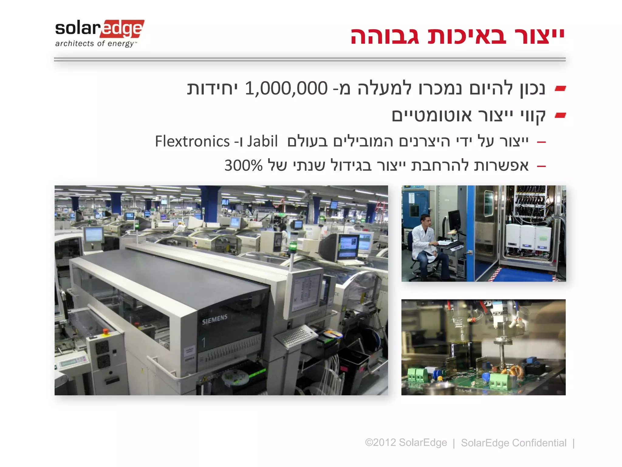 ‫ייצור באיכות גבוהה‬
‫נכון להיום נמכרו למעלה מ-000,007,2 יחידות‬
‫קווי ייצור אוטומטיים‬
‫̶ ייצור על ידי היצרנים המובילים בעולם ‪Jabil‬ו-‪Flextronics‬‬
‫̶ אפשרות להרחבת ייצור בגידול שנתי של %003‬

‫5|‬

‫‪©2013 SolarEdge‬‬

 