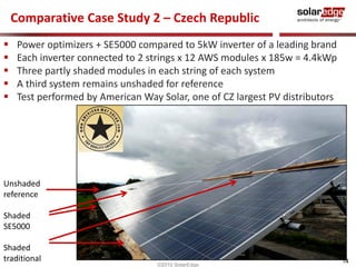 Comparative Case Study 2 – Czech Republic
    Power optimizers + SE5000 compared to 5kW inverter of a leading brand
    Each inverter connected to 2 strings x 12 AWS modules x 185w = 4.4kWp
    Three partly shaded modules in each string of each system
    A third system remains unshaded for reference
    Test performed by American Way Solar, one of CZ largest PV distributors




Unshaded
reference

Shaded
SE5000

Shaded
traditional                                                                    14
                                    ©2010 SolarEdge
 