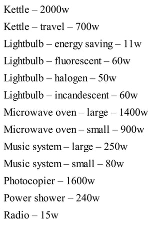 Kettle – 2000w
Kettle – travel – 700w
Lightbulb – energy saving – 11w
Lightbulb – fluorescent – 60w
Lightbulb – halogen – 50w
Lightbulb – incandescent – 60w
Microwave oven – large – 1400w
Microwave oven – small – 900w
Music system – large – 250w
Music system – small – 80w
Photocopier – 1600w
Power shower – 240w
Radio – 15w
 