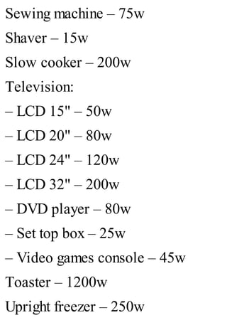 Sewing machine – 75w
Shaver – 15w
Slow cooker – 200w
Television:
– LCD 15" – 50w
– LCD 20" – 80w
– LCD 24" – 120w
– LCD 32" – 200w
– DVD player – 80w
– Set top box – 25w
– Video games console – 45w
Toaster – 1200w
Upright freezer – 250w
 