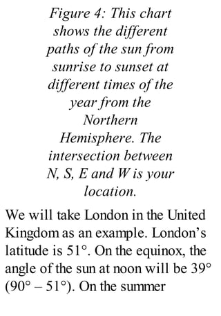 Figure 4: This chart
shows the different
paths of the sun from
sunrise to sunset at
different times of the
year from the
Northern
Hemisphere. The
intersection between
N, S, E and W is your
location.
We will take London in the United
Kingdom as an example. London’s
latitude is 51°. On the equinox, the
angle of the sun at noon will be 39°
(90° – 51°). On the summer
 