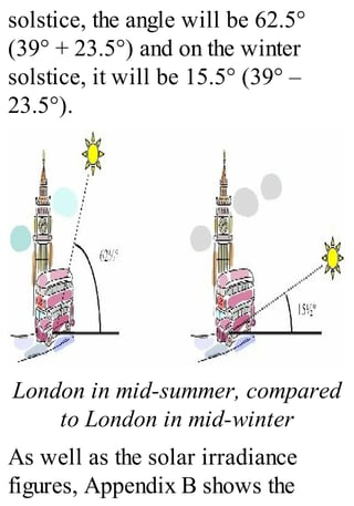 solstice, the angle will be 62.5°
(39° + 23.5°) and on the winter
solstice, it will be 15.5° (39° –
23.5°).
London in mid-summer, compared
to London in mid-winter
As well as the solar irradiance
figures, Appendix B shows the
 
