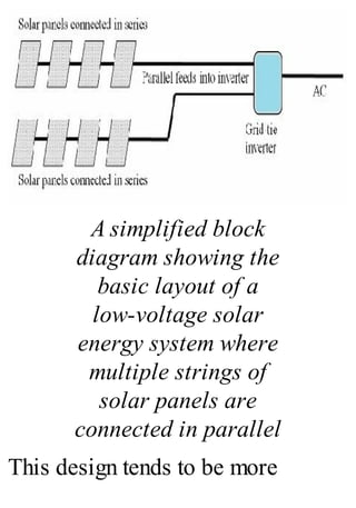 A simplified block
diagram showing the
basic layout of a
low-voltage solar
energy system where
multiple strings of
solar panels are
connected in parallel
This design tends to be more
 