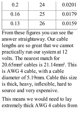0.2 24 0.0201
0.16 25 0.0179
0.13 26 0.0159
From these figures you can see the
answer straightaway. Our cable
lengths are so great that we cannot
practically run our system at 12
volts. The nearest match for
20.65mm² cables is 21.14mm². This
is AWG 4 cable, with a cable
diameter of 5.19mm. Cable this size
is thick, heavy, inflexible, hard to
source and very expensive.
This means we would need to lay
extremely thick AWG 4 cables from
 