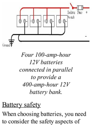 Four 100-amp-hour
12V batteries
connected in parallel
to provide a
400-amp-hour 12V
battery bank.
Battery safety
When choosing batteries, you need
to consider the safety aspects of
 