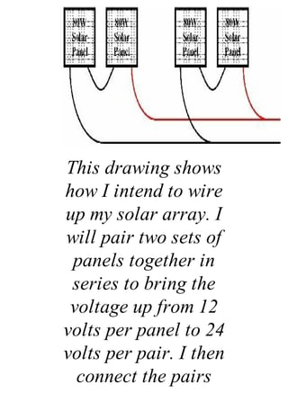 This drawing shows
how I intend to wire
up my solar array. I
will pair two sets of
panels together in
series to bring the
voltage up from 12
volts per panel to 24
volts per pair. I then
connect the pairs
 